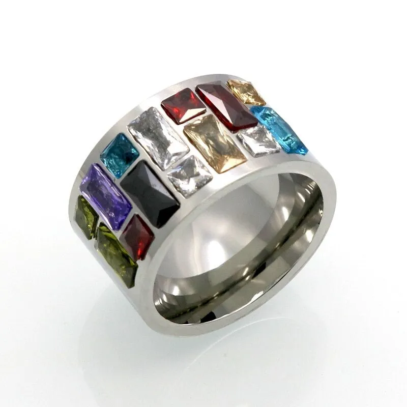 Multi-Color Zircon Adorned Wide Band Rings