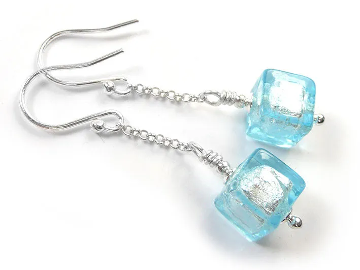 Murano Glass Cube Earrings - Aquamarine