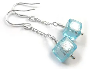 Murano Glass Cube Earrings - Aquamarine