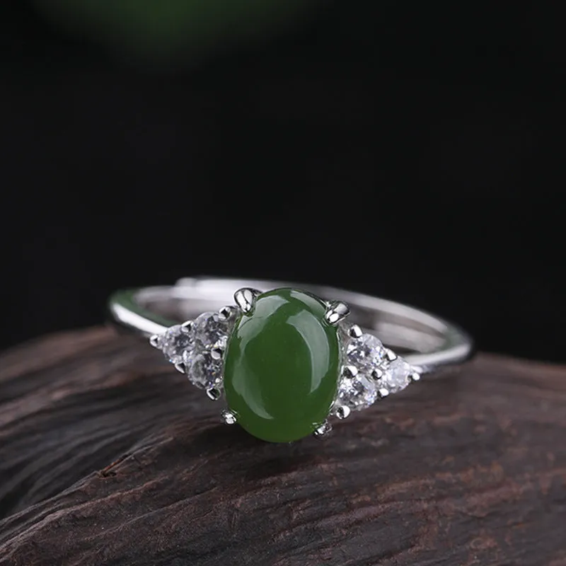 Natural Jade Ring Nephrite Silver Zircon Adjustable Ring ZNRG102