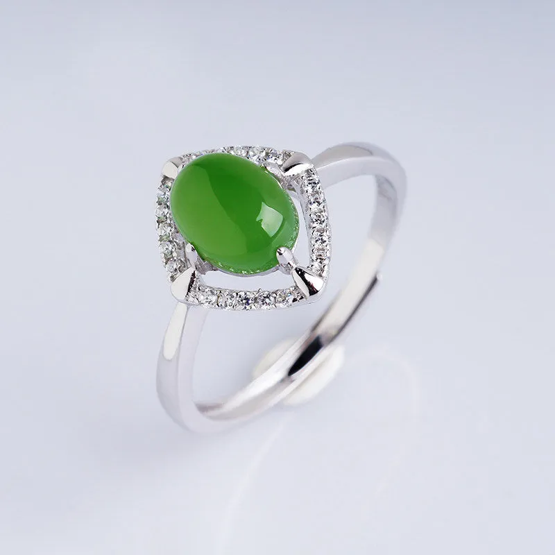 Natural Jade Ring Nephrite Silver Zircon Adjustable Ring ZNRG110