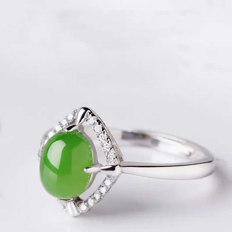 Natural Jade Ring Nephrite Silver Zircon Adjustable Ring ZNRG110