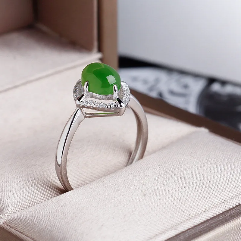 Natural Jade Ring Nephrite Silver Zircon Adjustable Ring ZNRG110