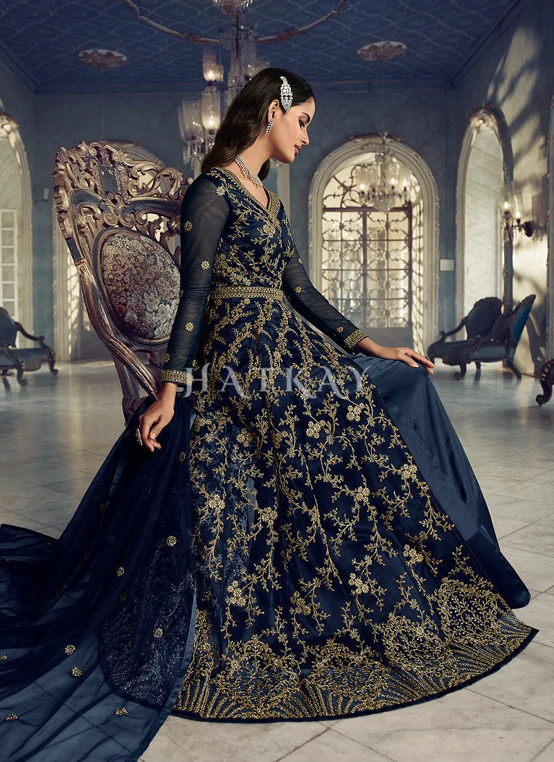 Navy Blue Embroidered Traditional Net Anarkali Suit