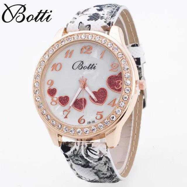 New Crystal Sweet Heart Women Watches 2016 Fashion Large Casual Wristwatch Floral Strap Quartz Watch Relojes Clock Women