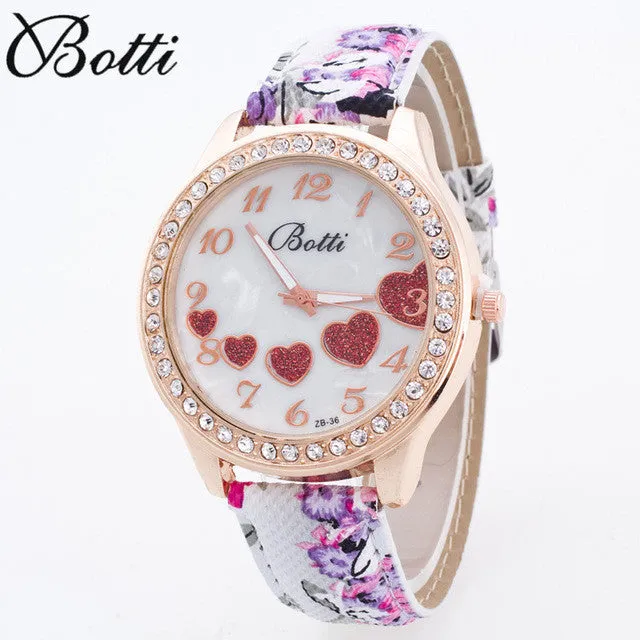 New Crystal Sweet Heart Women Watches 2016 Fashion Large Casual Wristwatch Floral Strap Quartz Watch Relojes Clock Women