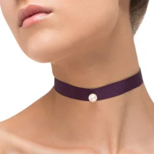 Omnia Solitaire Choker - White Pearl - Purple Ribbon