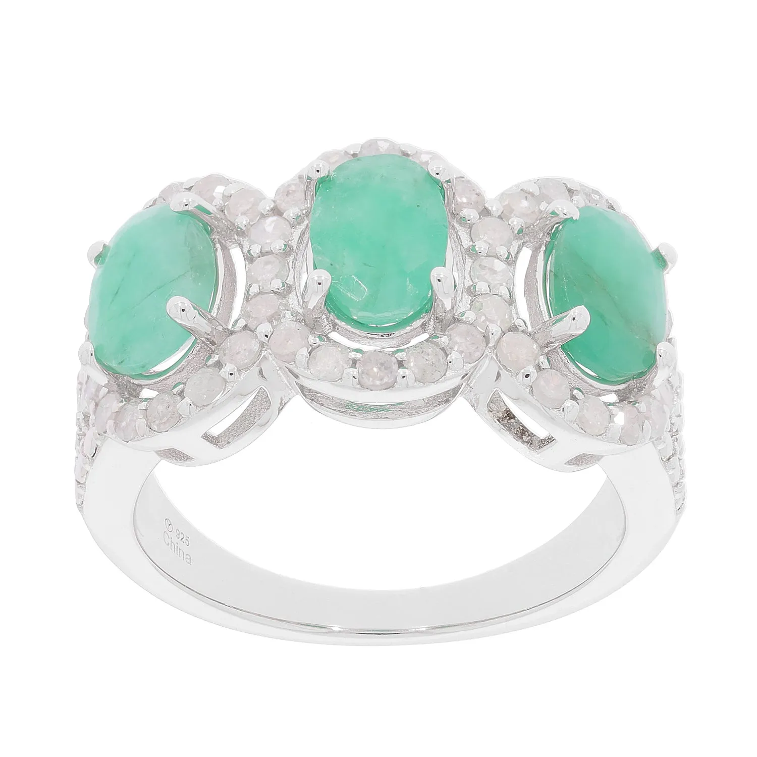 Oval Green Emerald Sterling Silver Ring with Accent