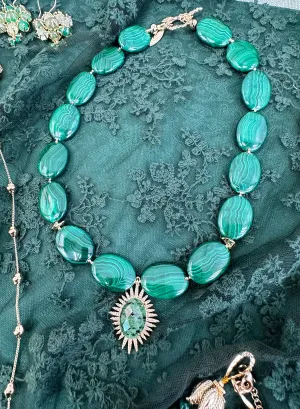 Oval Malachite With Epidote Pendant Necklace KN026