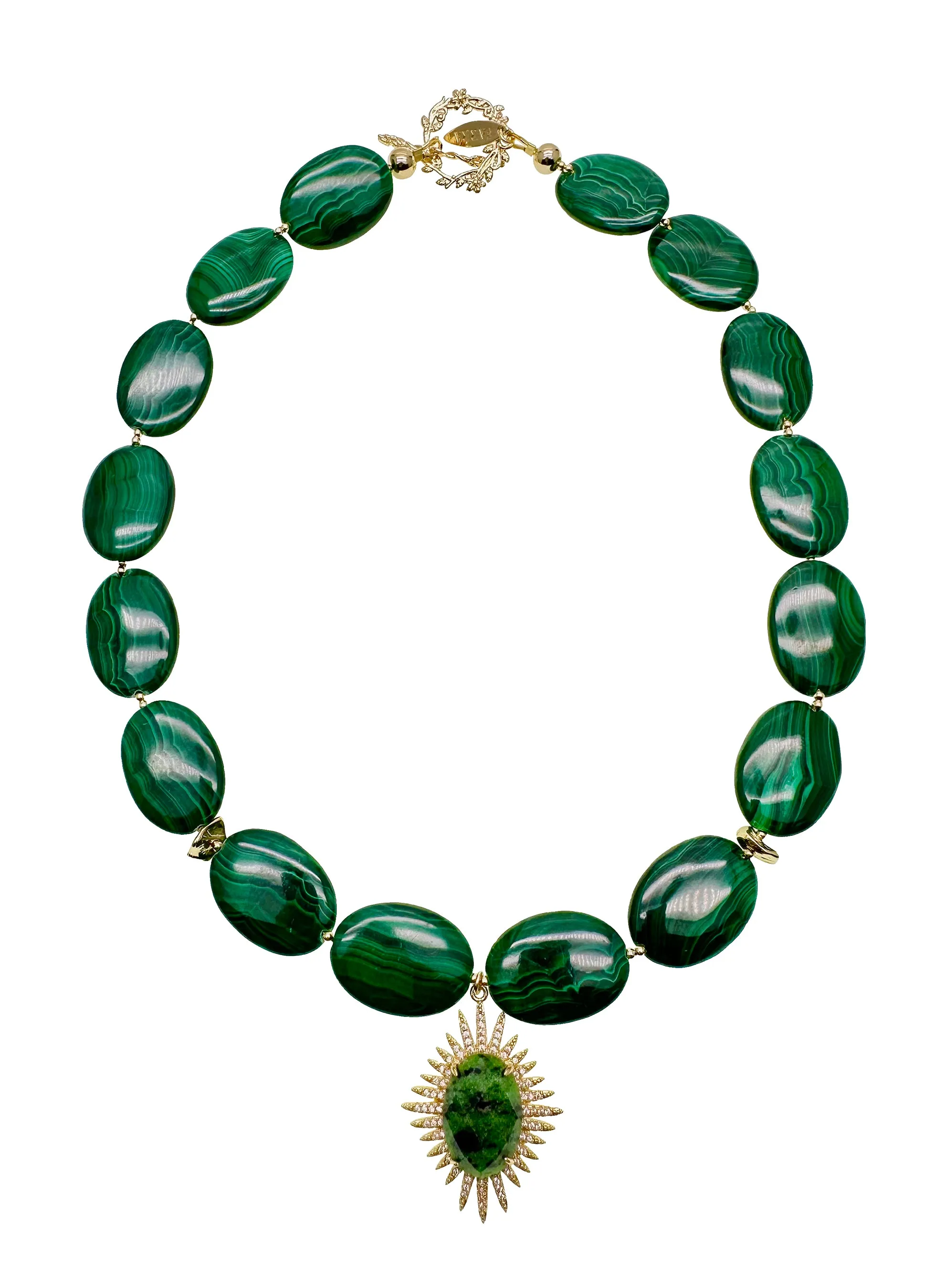 Oval Malachite With Epidote Pendant Necklace KN026