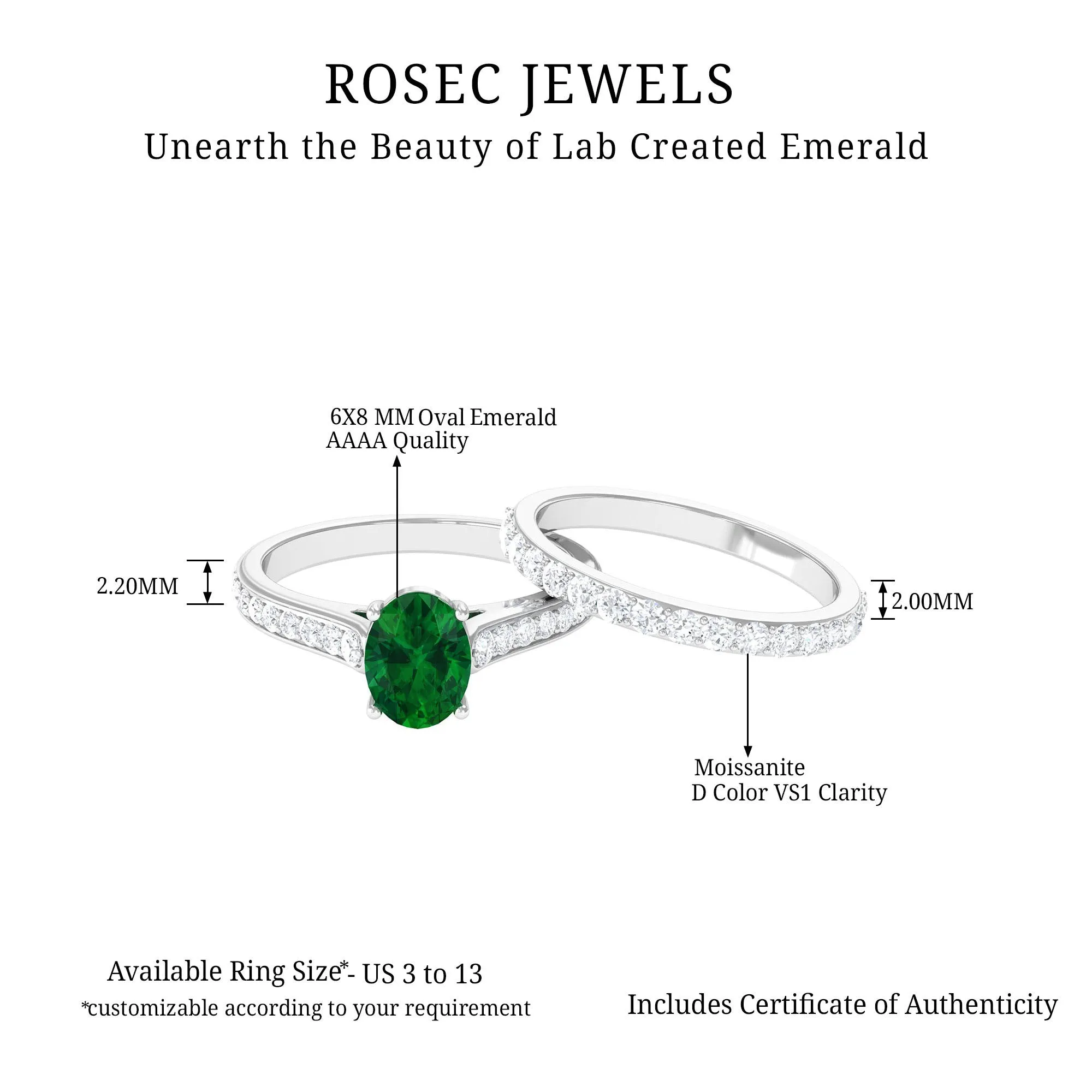 Oval Shape Lab Grown Emerald and Moissanite Bridal Ring Set