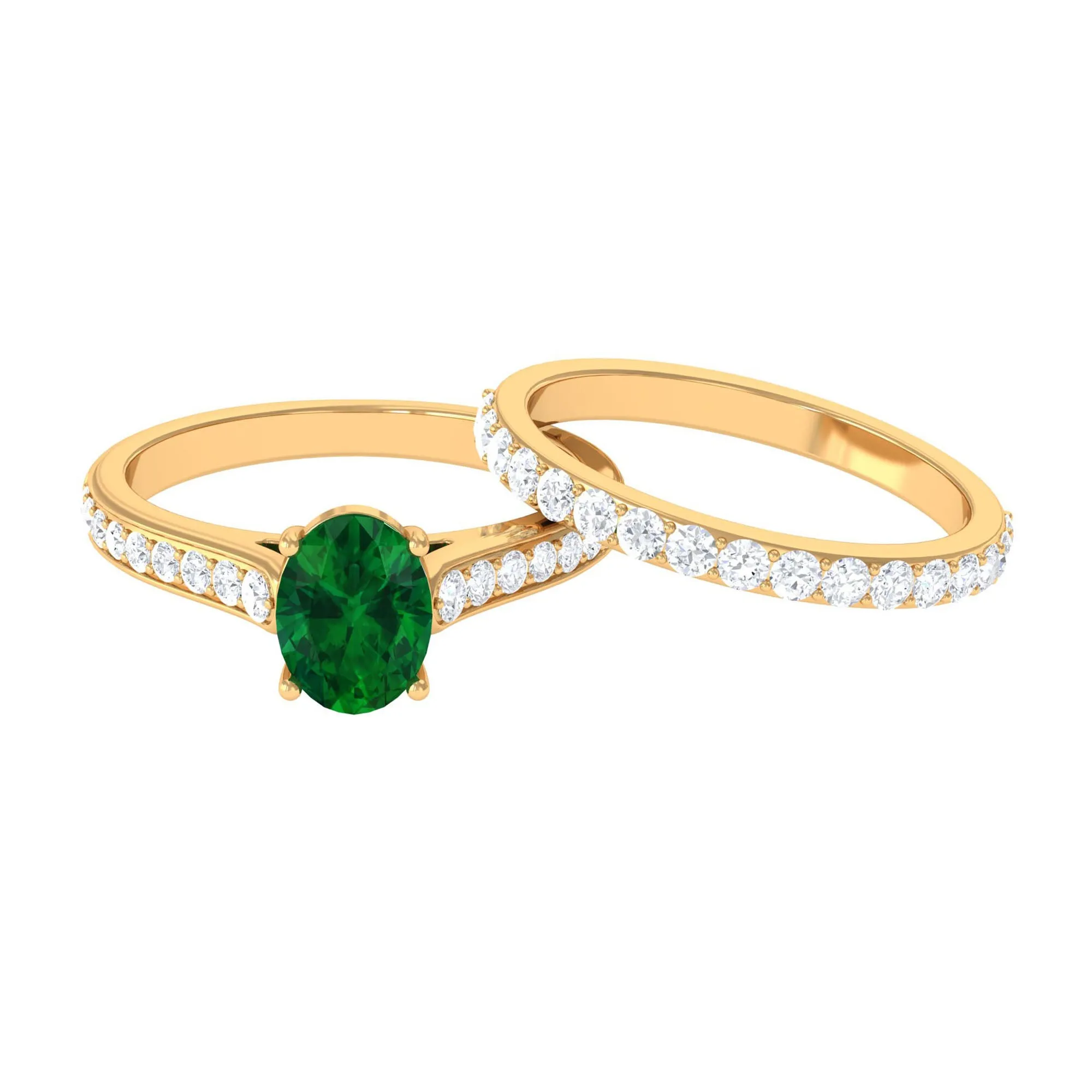 Oval Shape Lab Grown Emerald and Moissanite Bridal Ring Set