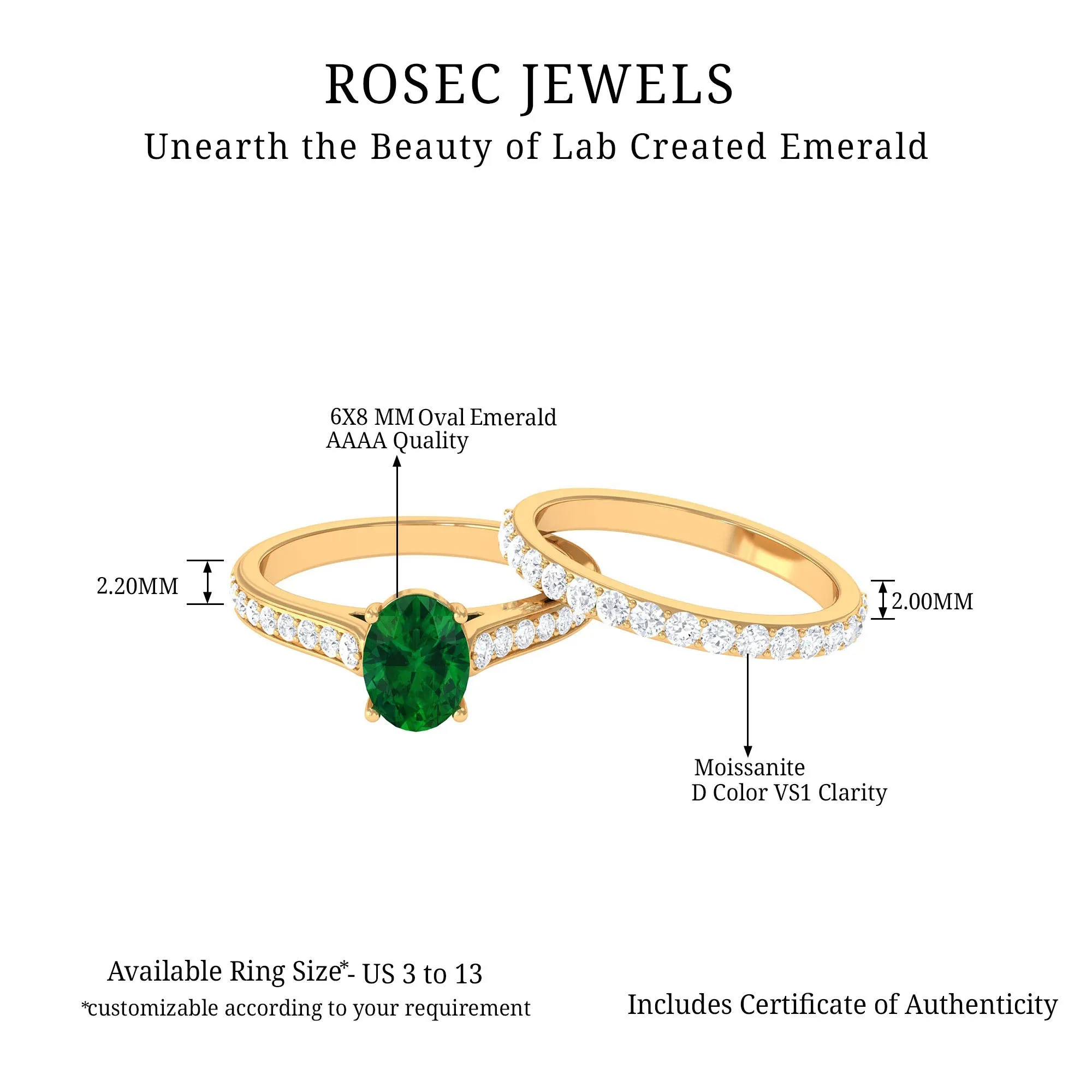 Oval Shape Lab Grown Emerald and Moissanite Bridal Ring Set