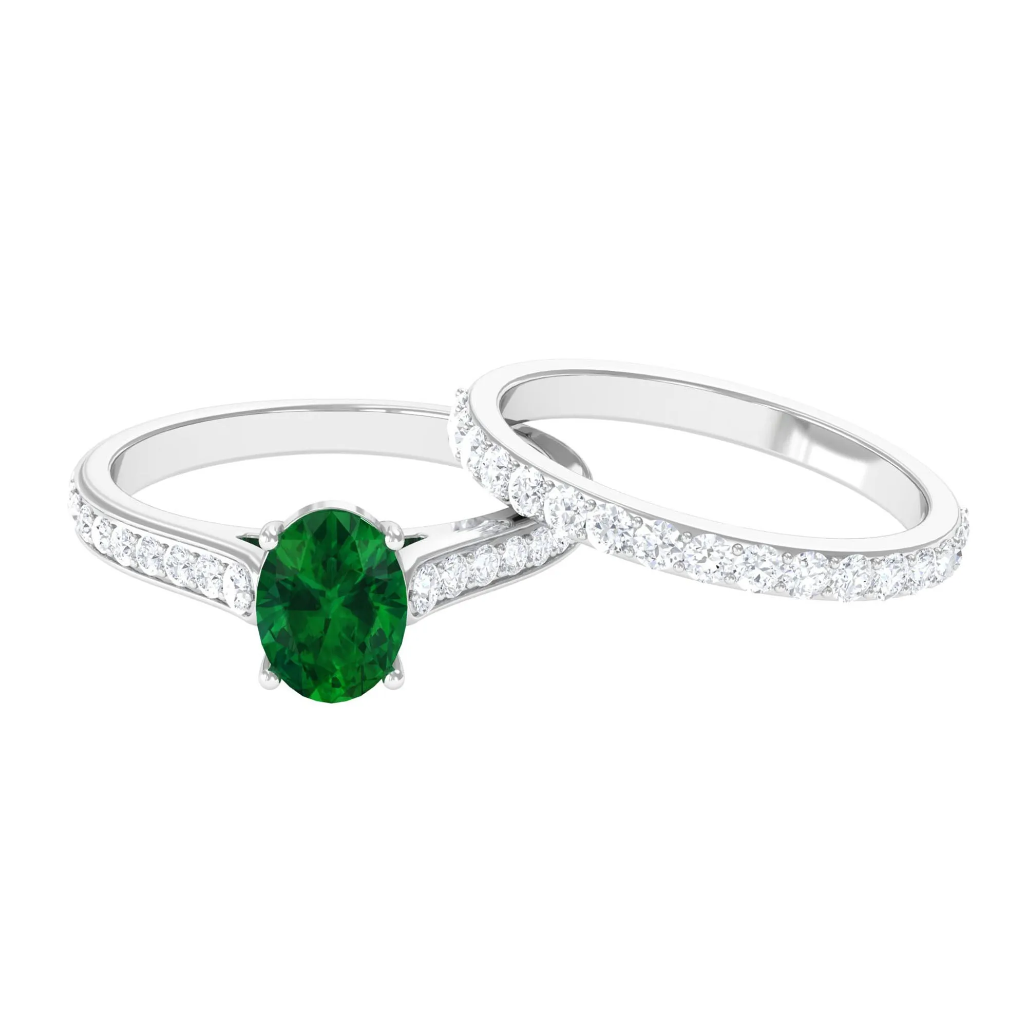 Oval Shape Lab Grown Emerald and Moissanite Bridal Ring Set