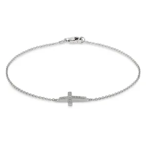 Platinum Finish Sterling Silver Micropave Cross Adjustable Bracelet with Simulated Diamonds 6.5" - 7.25" Cable Chain