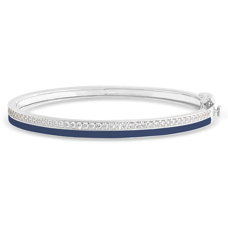 Platinum Finish Sterling Silver Micropave Hinged Bangle Bracelet with with Navy Enamel and Simulated Diamonds