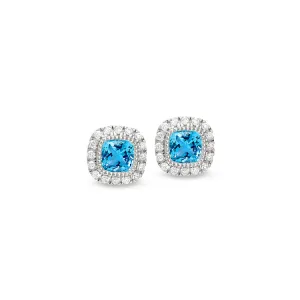 Platinum Finish Sterling Silver Micropave Simulated Blue Zircon Earrings with Simulated Diamonds