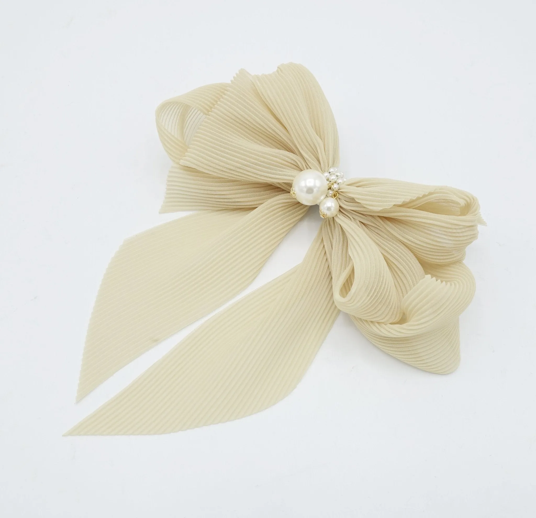 pleated chiffon hair bow pearl embellished long tail french barrette women hair accessory