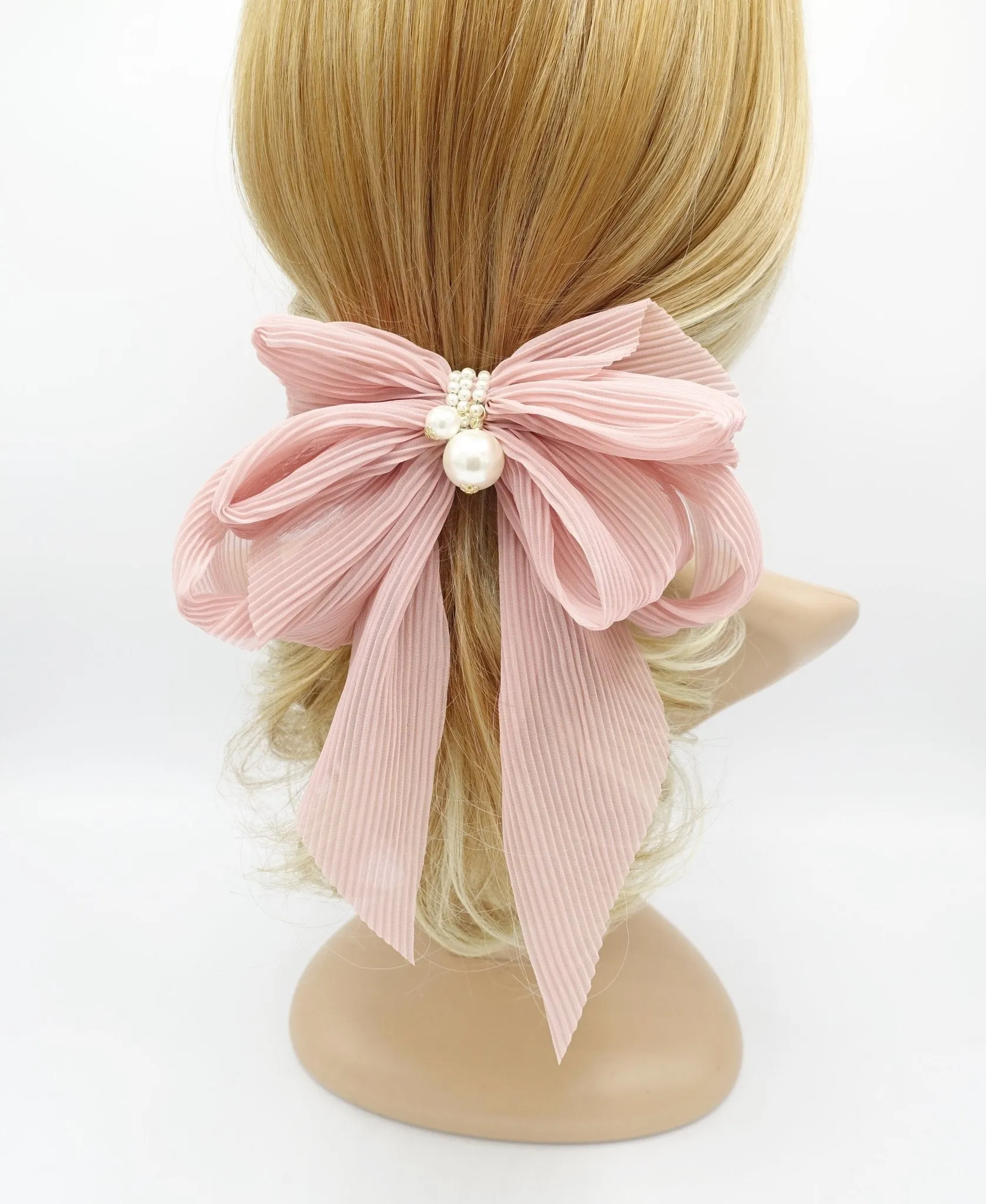 pleated chiffon hair bow pearl embellished long tail french barrette women hair accessory