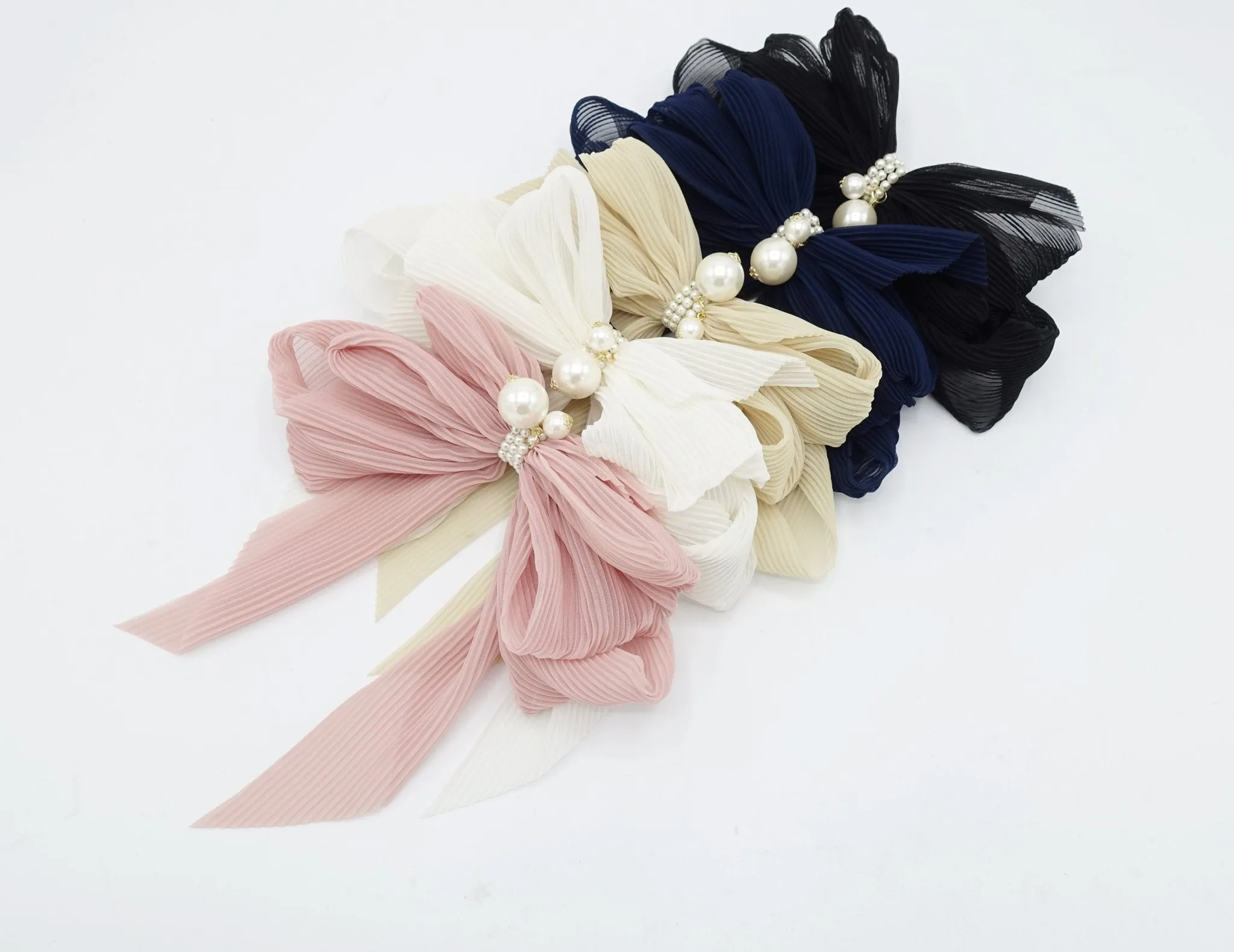 pleated chiffon hair bow pearl embellished long tail french barrette women hair accessory