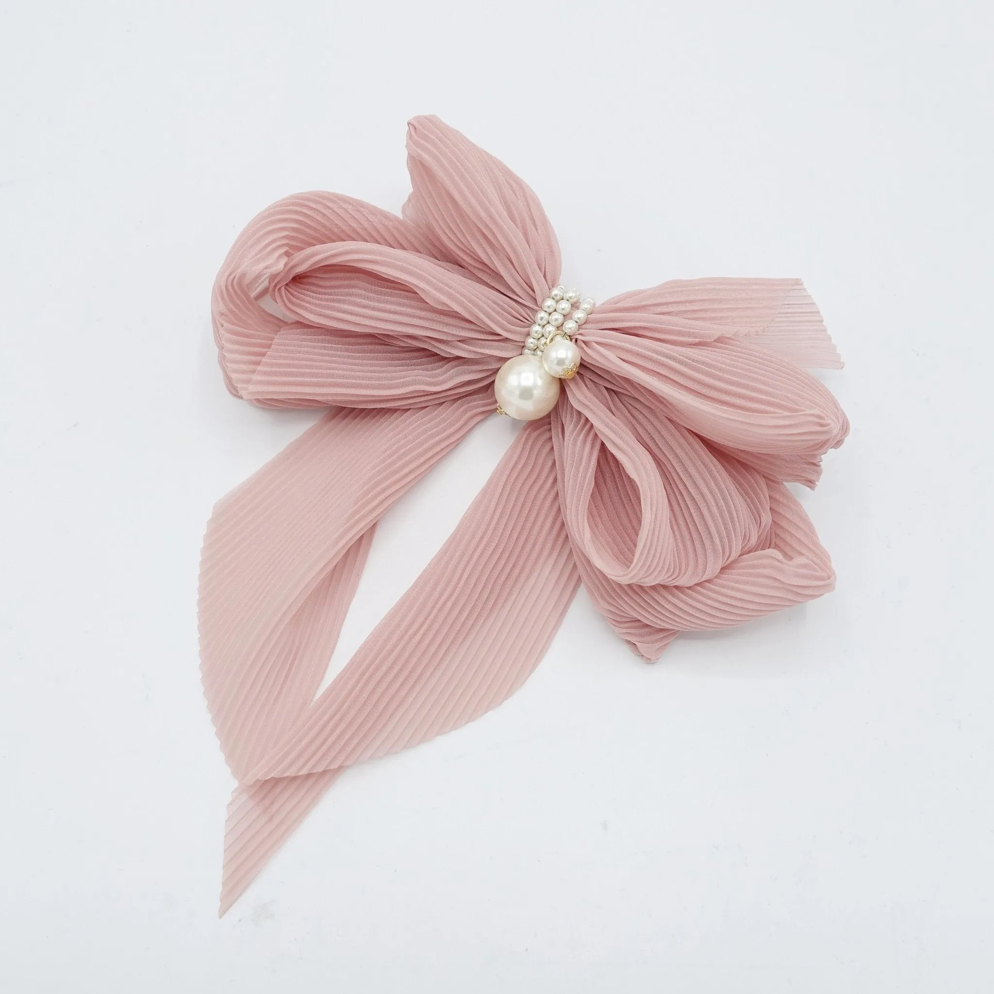 pleated chiffon hair bow pearl embellished long tail french barrette women hair accessory