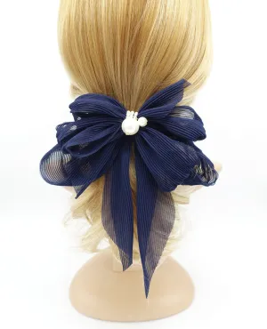 pleated chiffon hair bow pearl embellished long tail french barrette women hair accessory