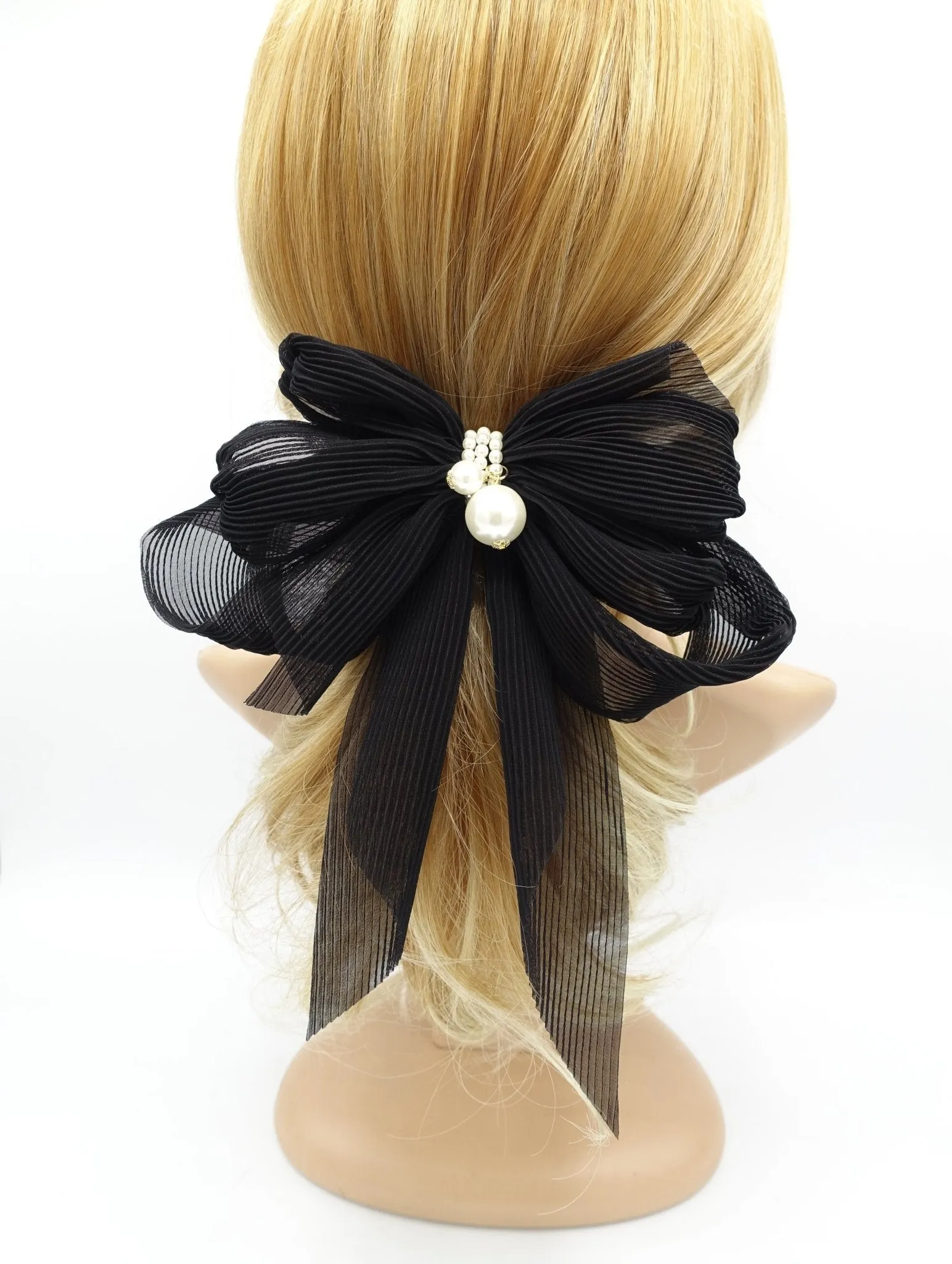 pleated chiffon hair bow pearl embellished long tail french barrette women hair accessory