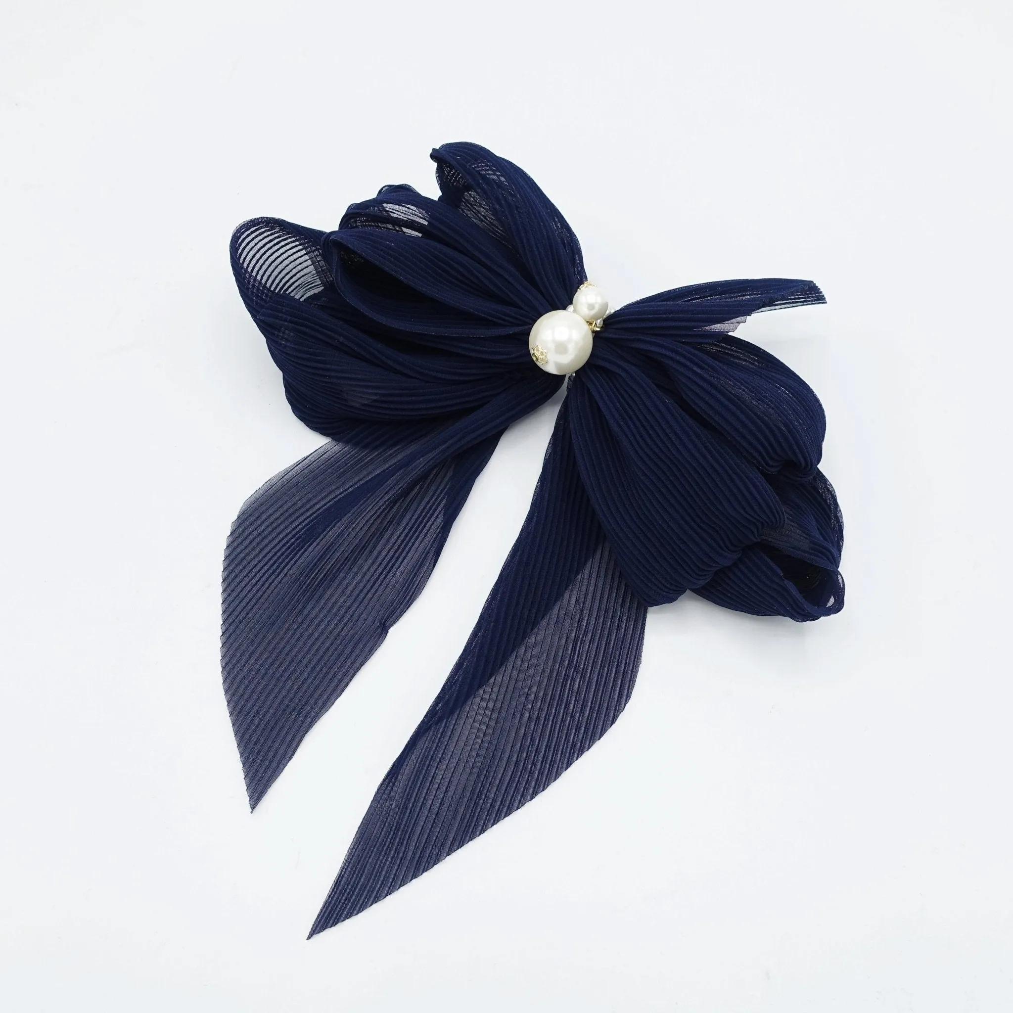 pleated chiffon hair bow pearl embellished long tail french barrette women hair accessory