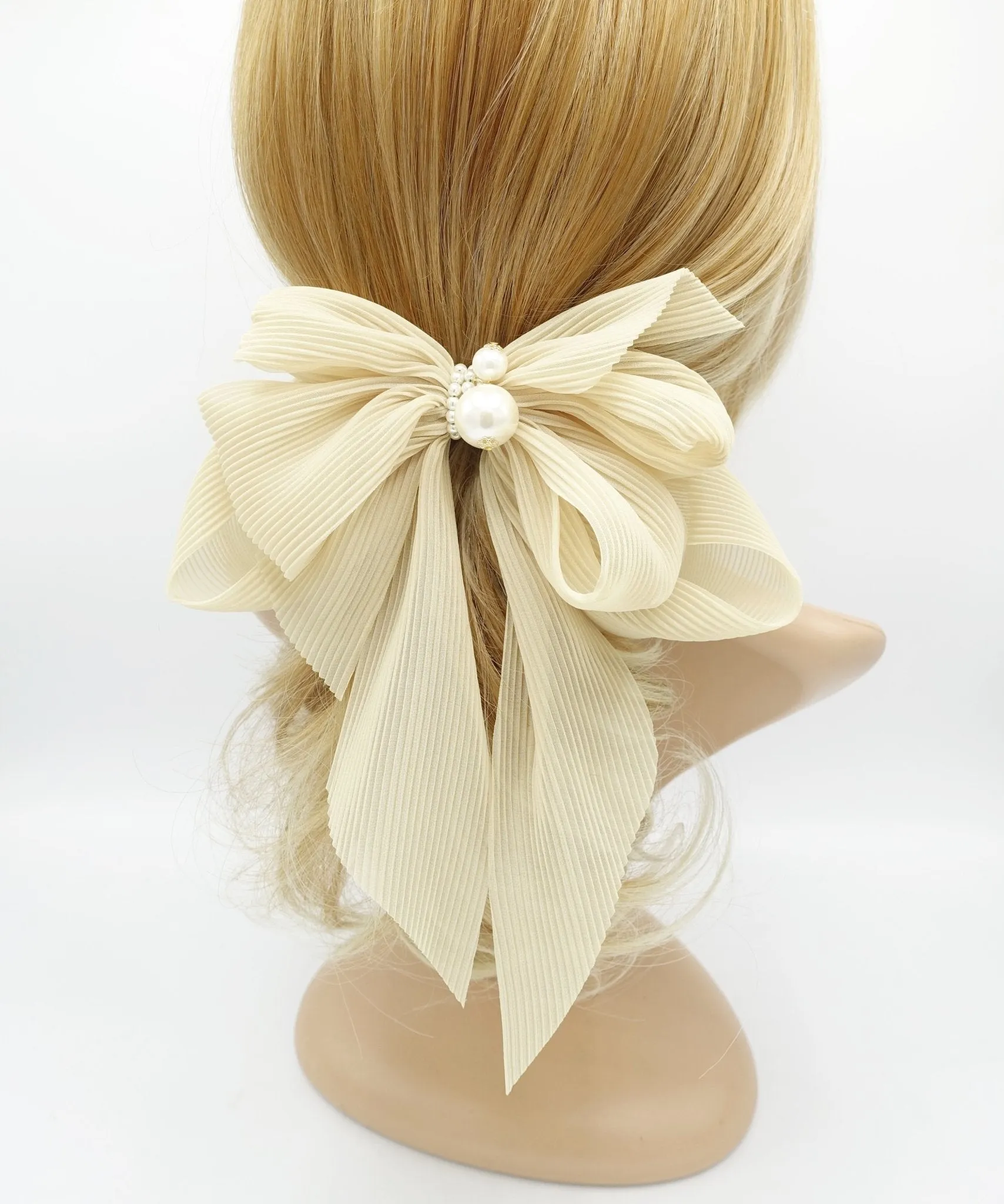 pleated chiffon hair bow pearl embellished long tail french barrette women hair accessory