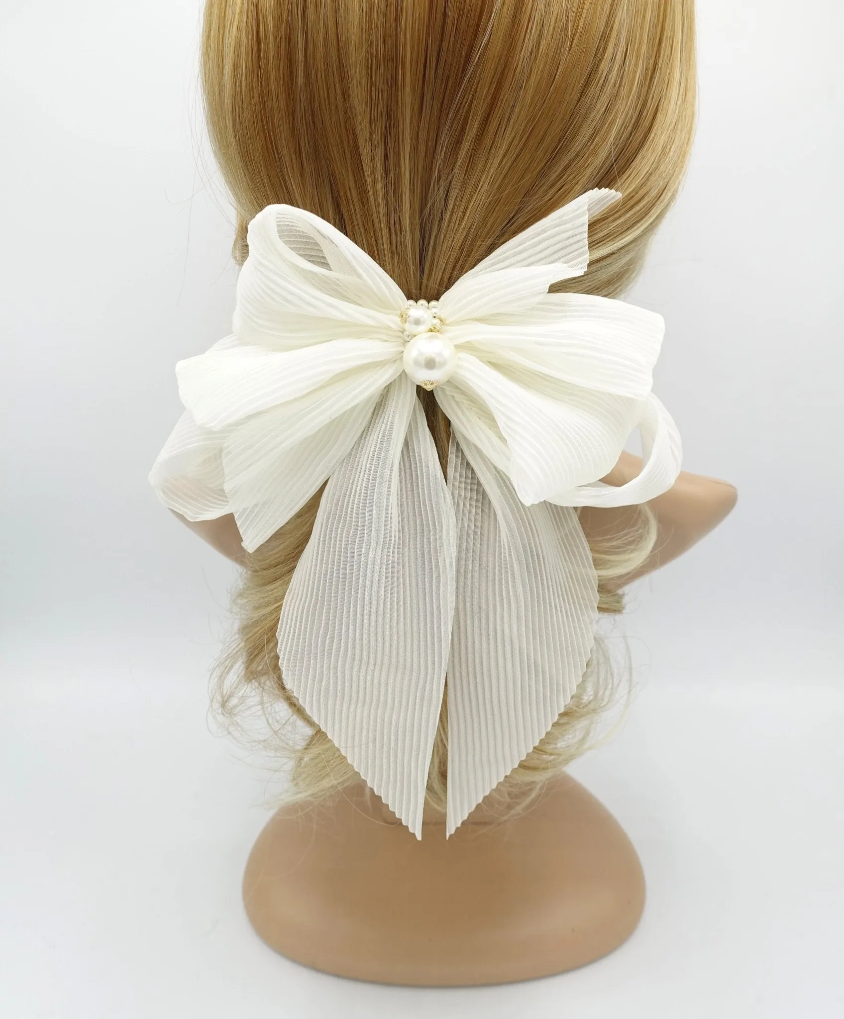 pleated chiffon hair bow pearl embellished long tail french barrette women hair accessory