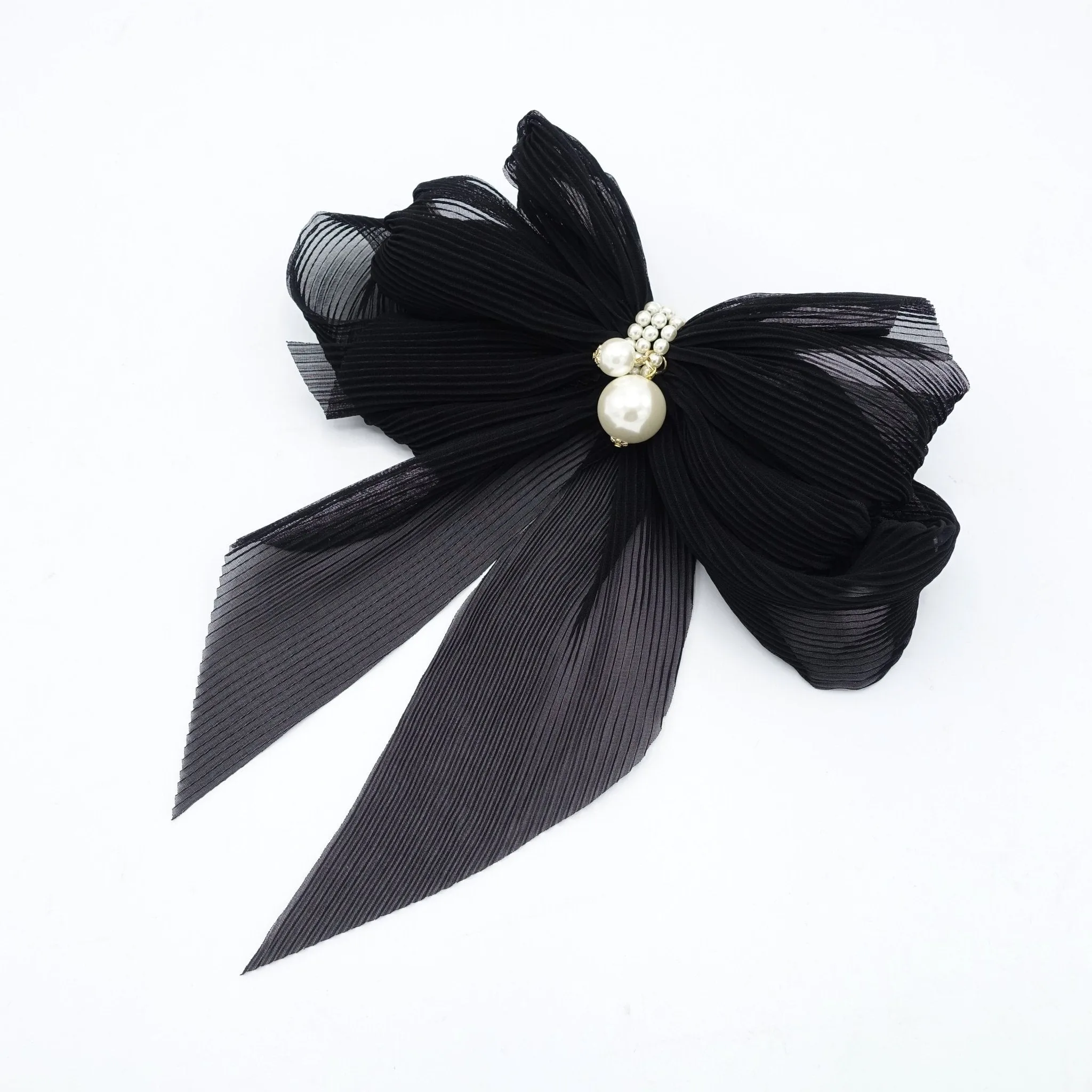 pleated chiffon hair bow pearl embellished long tail french barrette women hair accessory