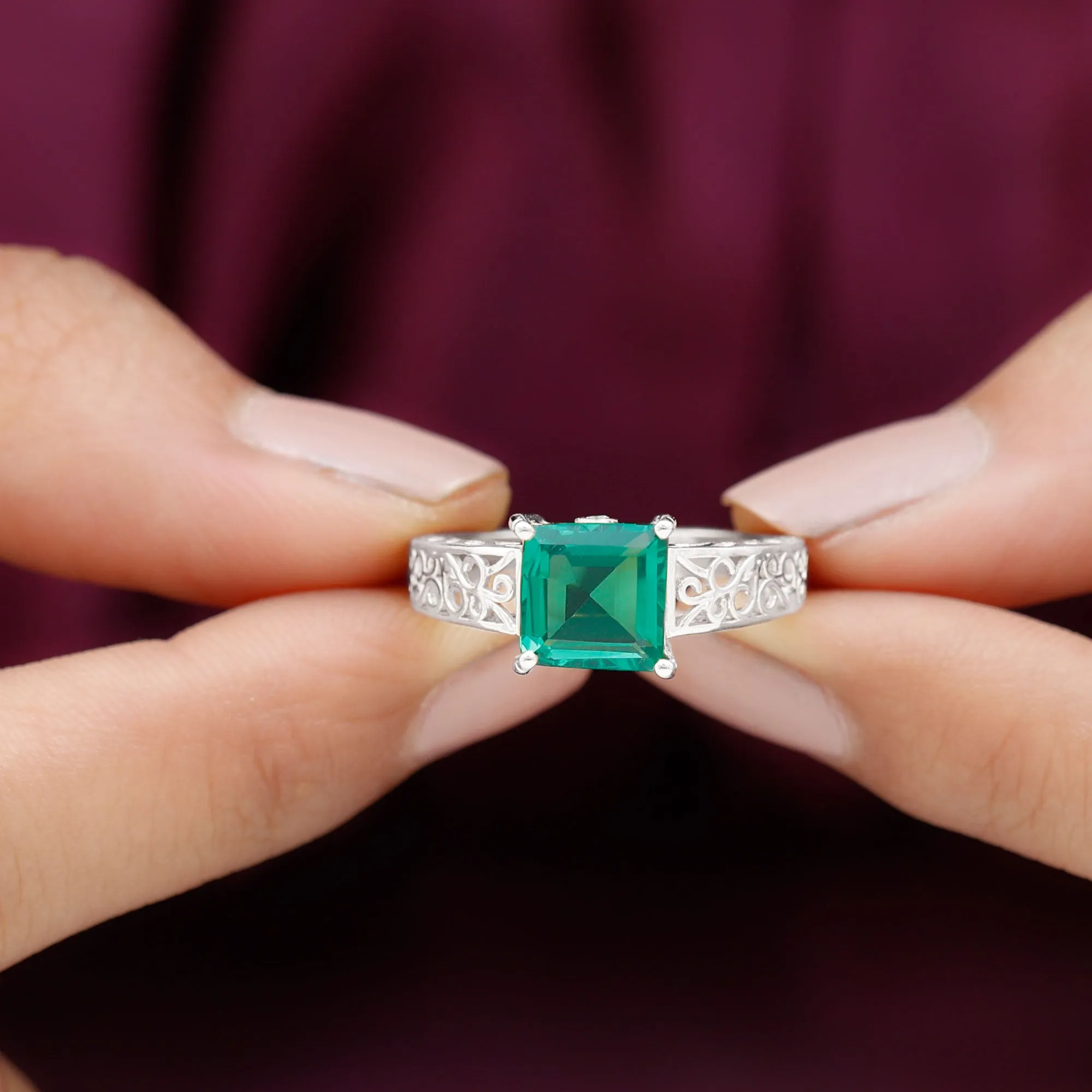 Princess Cut Lab Grown Emerald Filigree Ring with Surprise Diamond