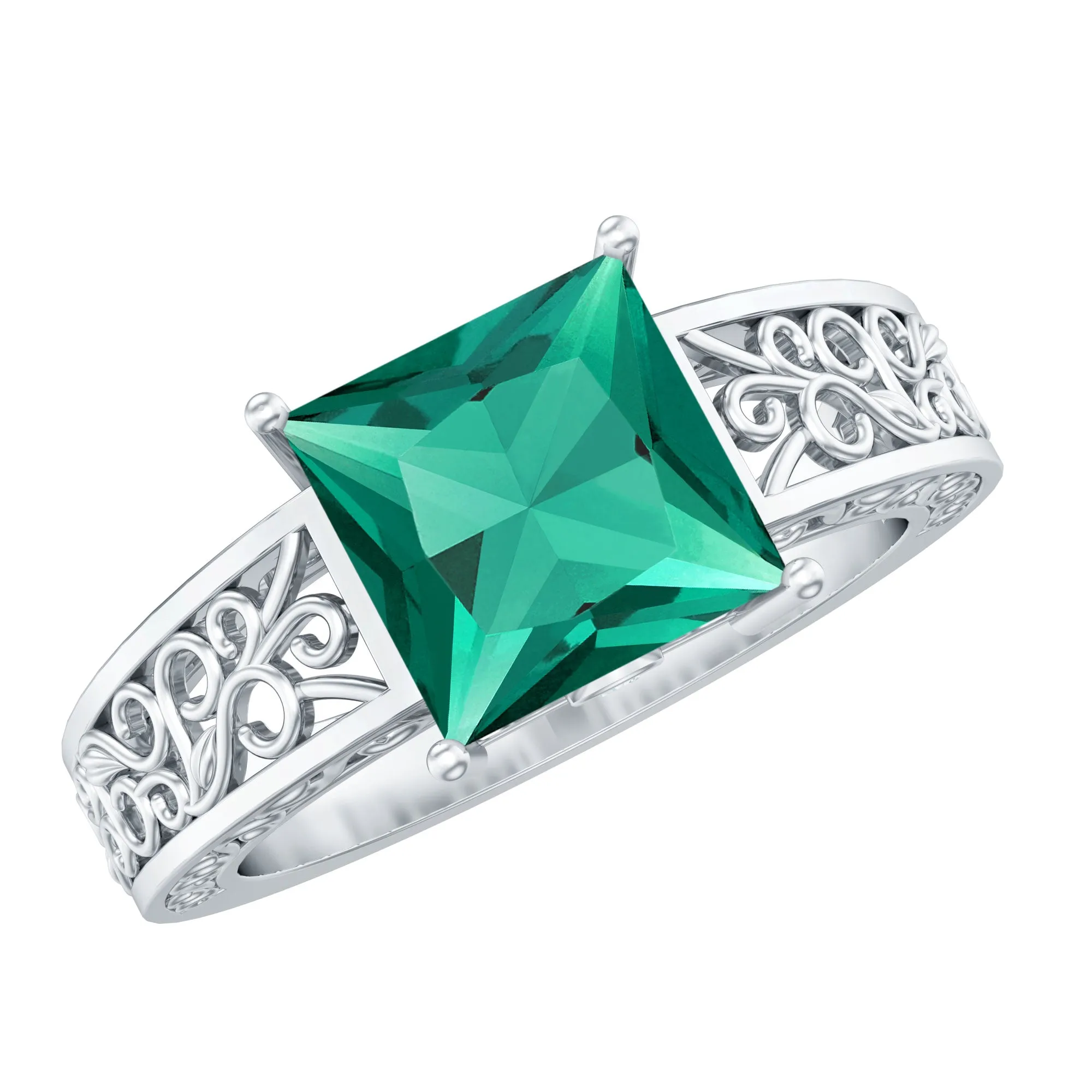 Princess Cut Lab Grown Emerald Filigree Ring with Surprise Diamond