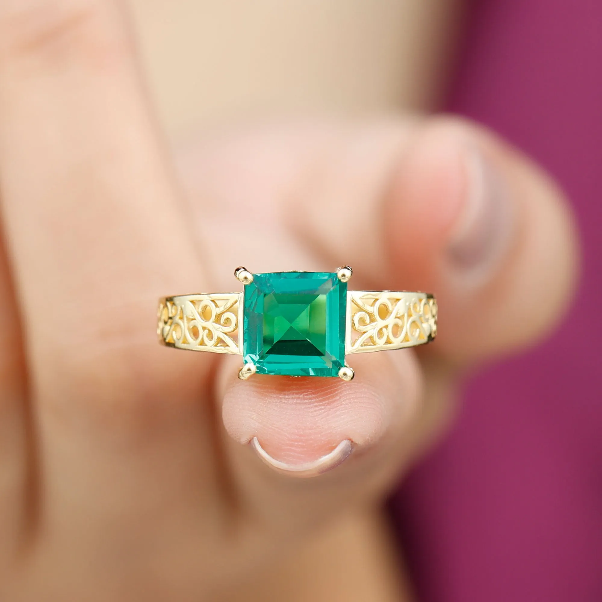 Princess Cut Lab Grown Emerald Filigree Ring with Surprise Diamond