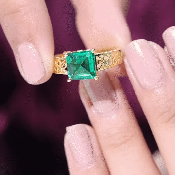 Princess Cut Lab Grown Emerald Filigree Ring with Surprise Diamond