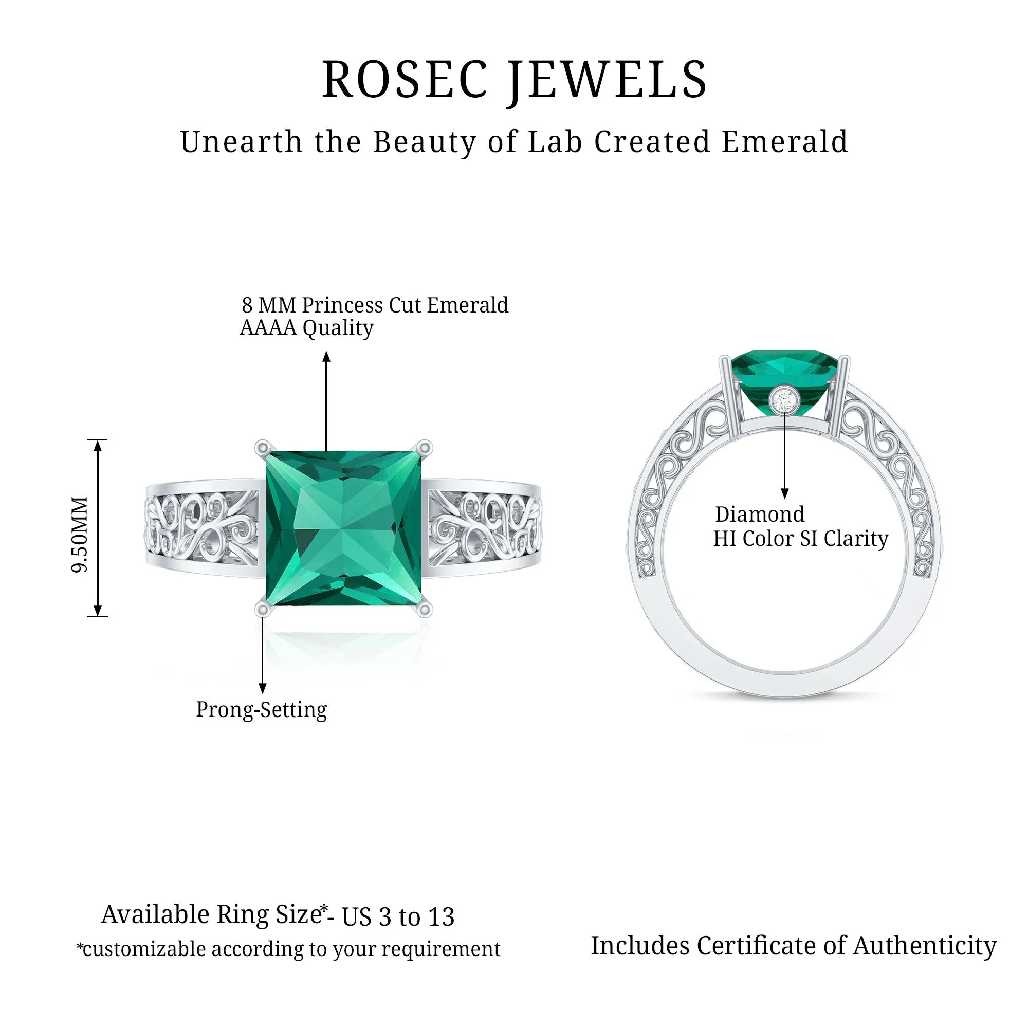 Princess Cut Lab Grown Emerald Filigree Ring with Surprise Diamond