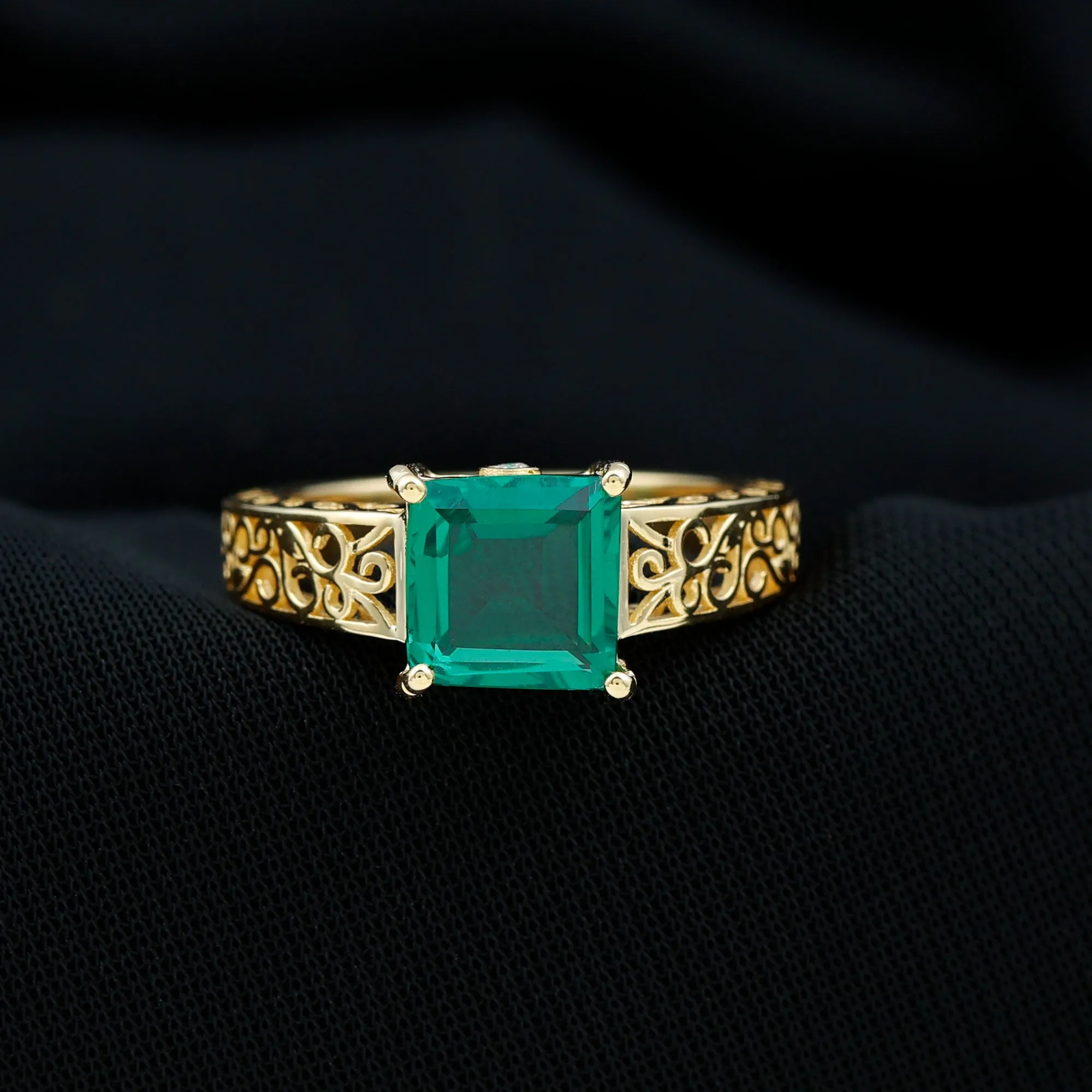 Princess Cut Lab Grown Emerald Filigree Ring with Surprise Diamond