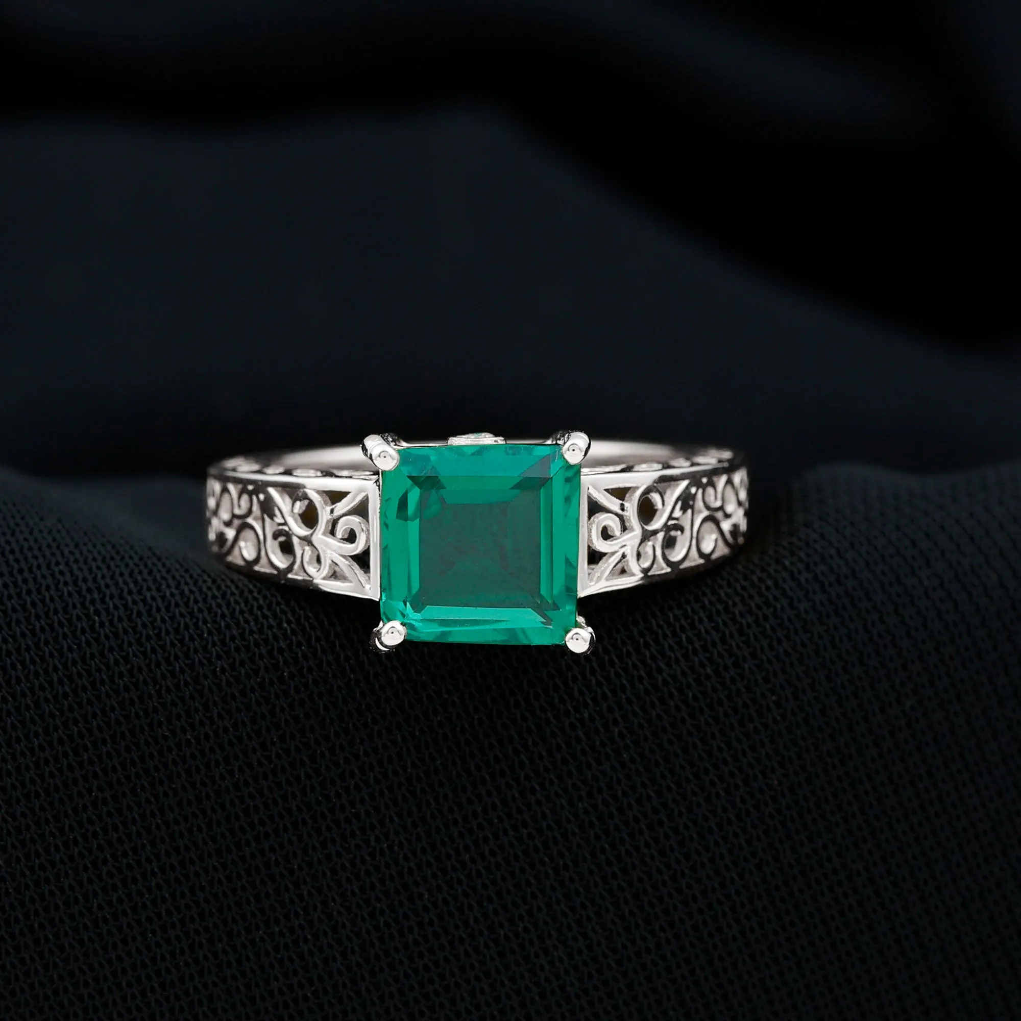 Princess Cut Lab Grown Emerald Filigree Ring with Surprise Diamond