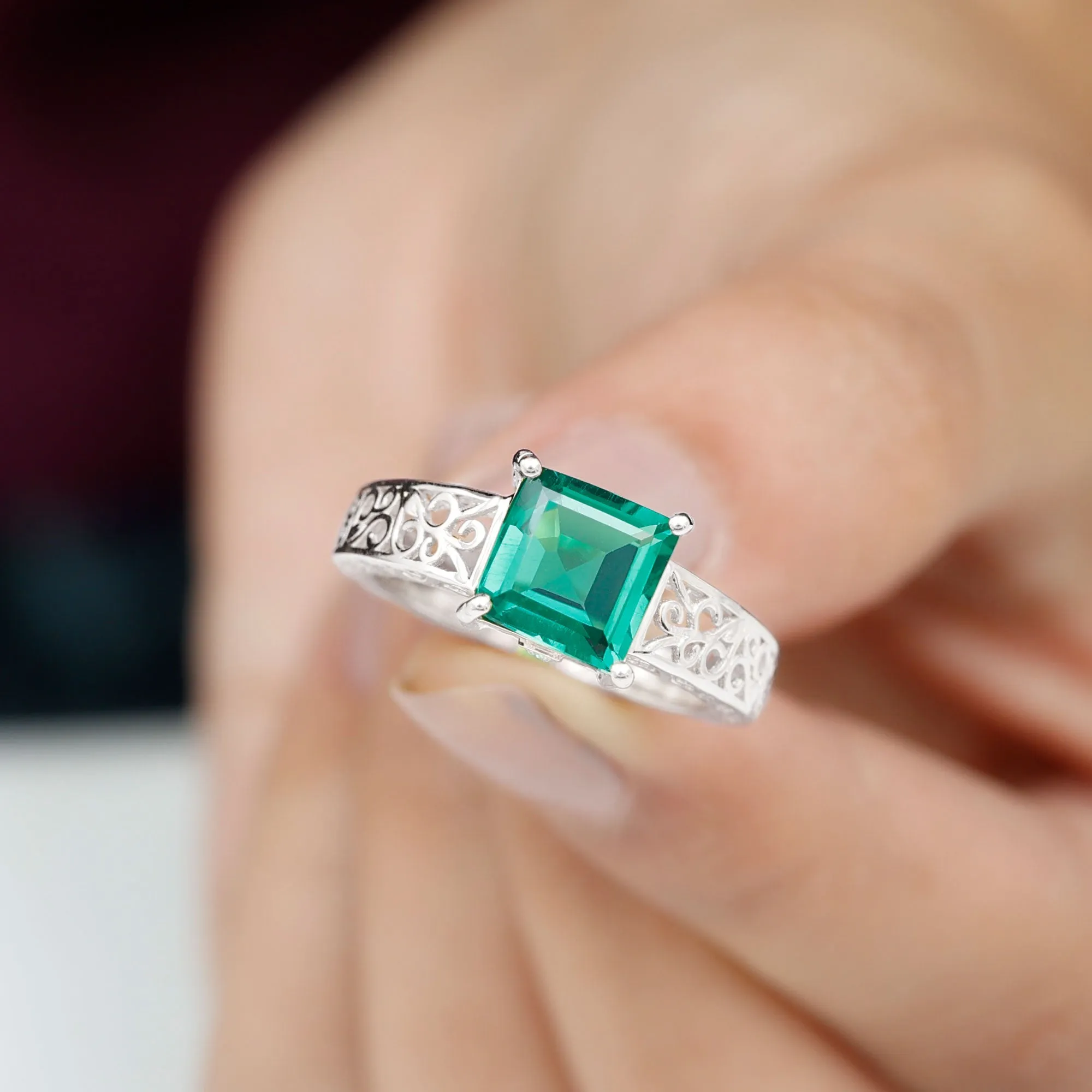 Princess Cut Lab Grown Emerald Filigree Ring with Surprise Diamond