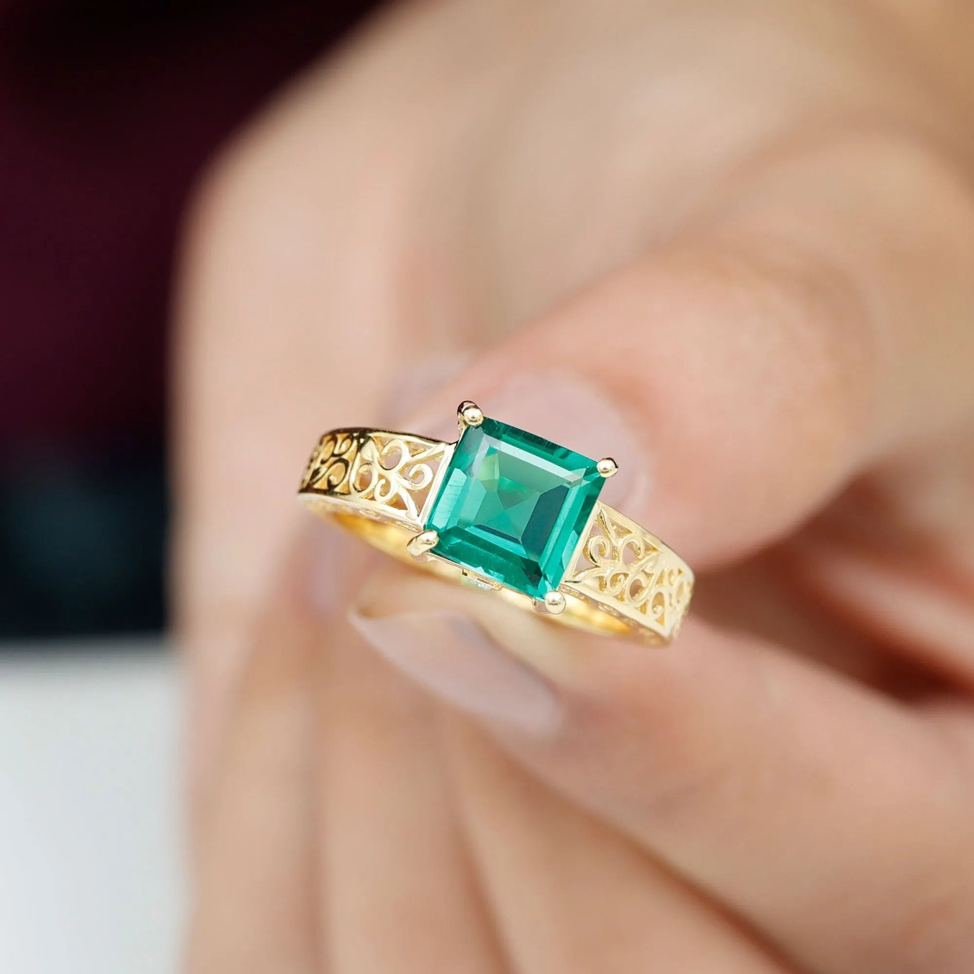 Princess Cut Lab Grown Emerald Filigree Ring with Surprise Diamond