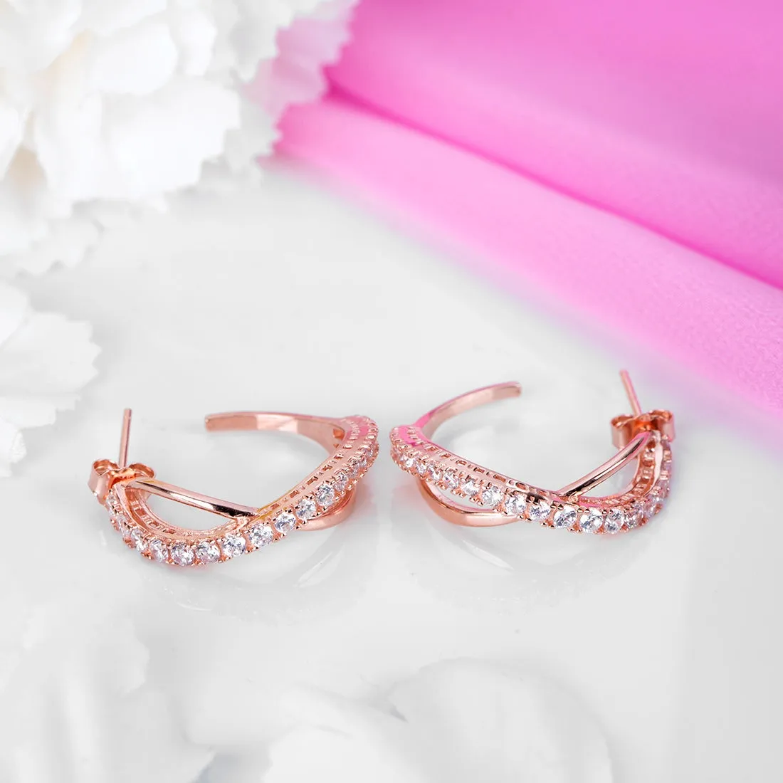 Radiant Rose Gold Half Hoops Cubic Zirconia 925 Sterling Silver Earrings