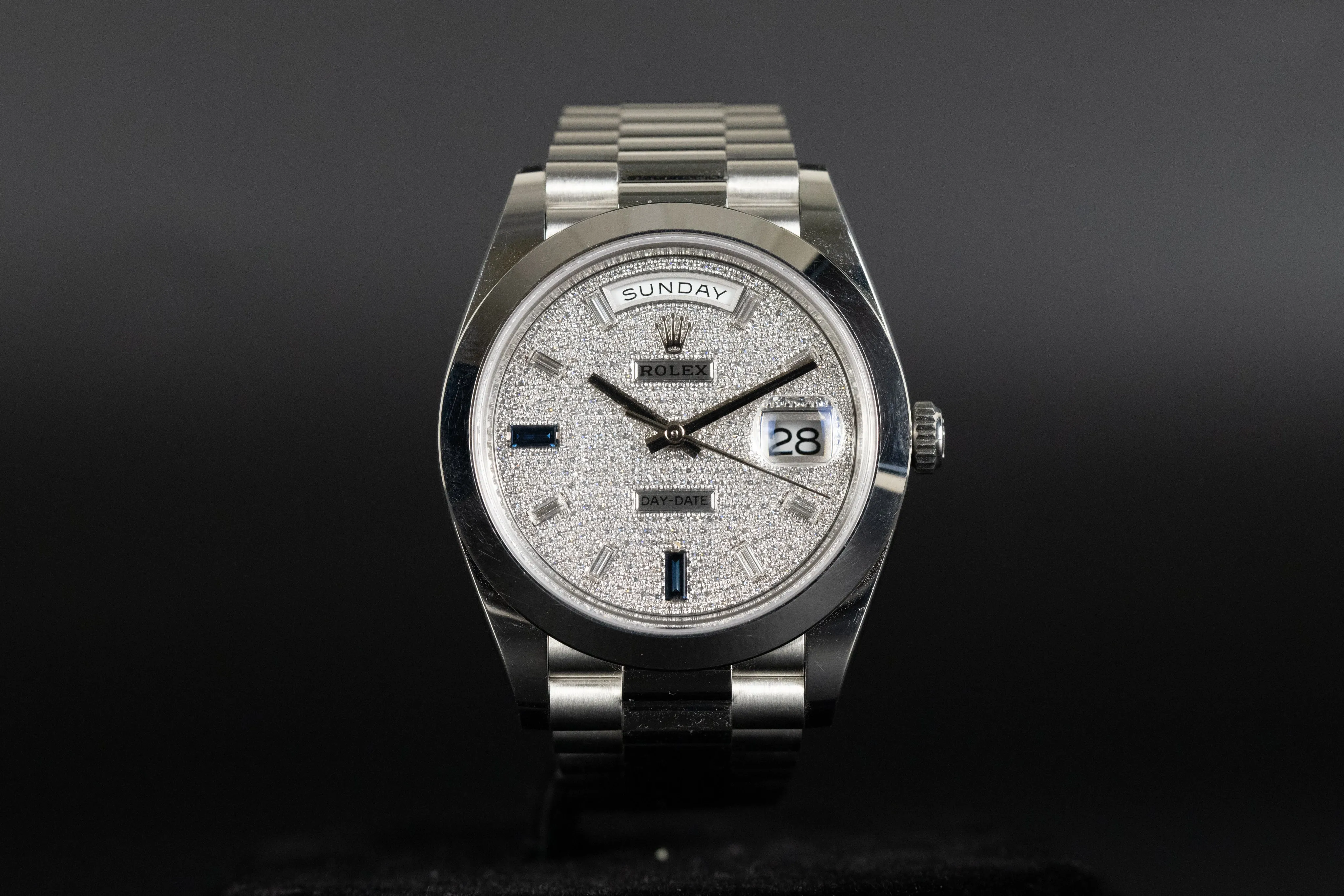 Rolex<br>228206 DayDate 40 Pave Diamond Blue Sapphire Dial