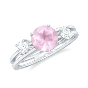 Rose Quartz Solitaire Double Band Ring with Diamond Stones