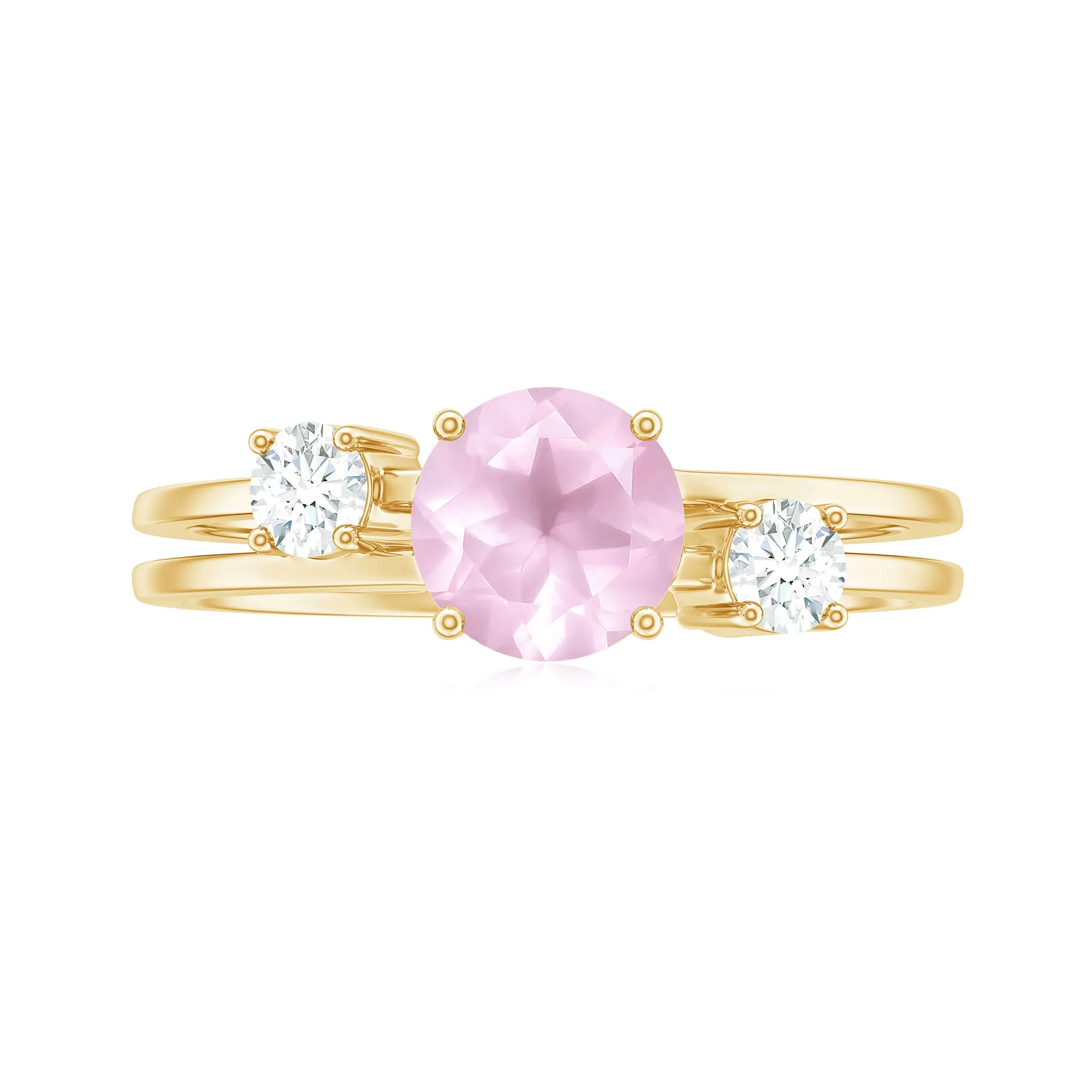 Rose Quartz Solitaire Double Band Ring with Diamond Stones