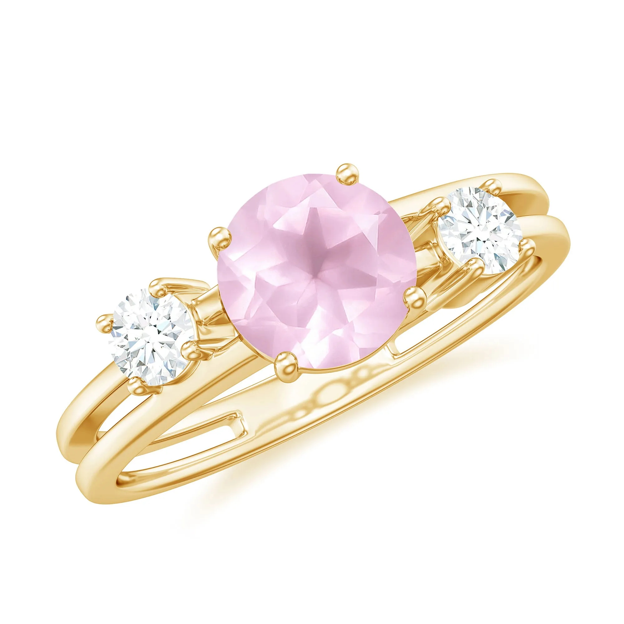 Rose Quartz Solitaire Double Band Ring with Diamond Stones