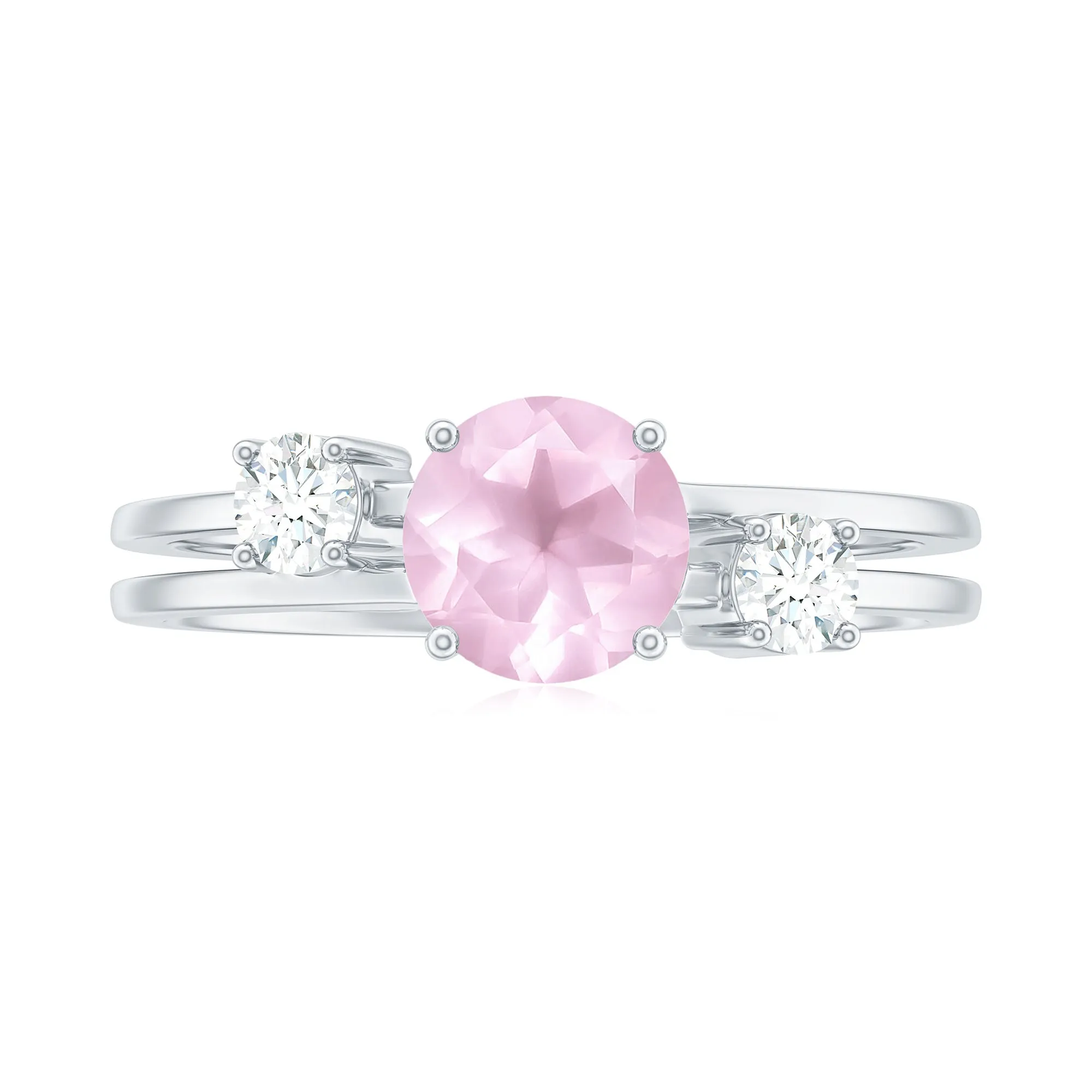 Rose Quartz Solitaire Double Band Ring with Diamond Stones