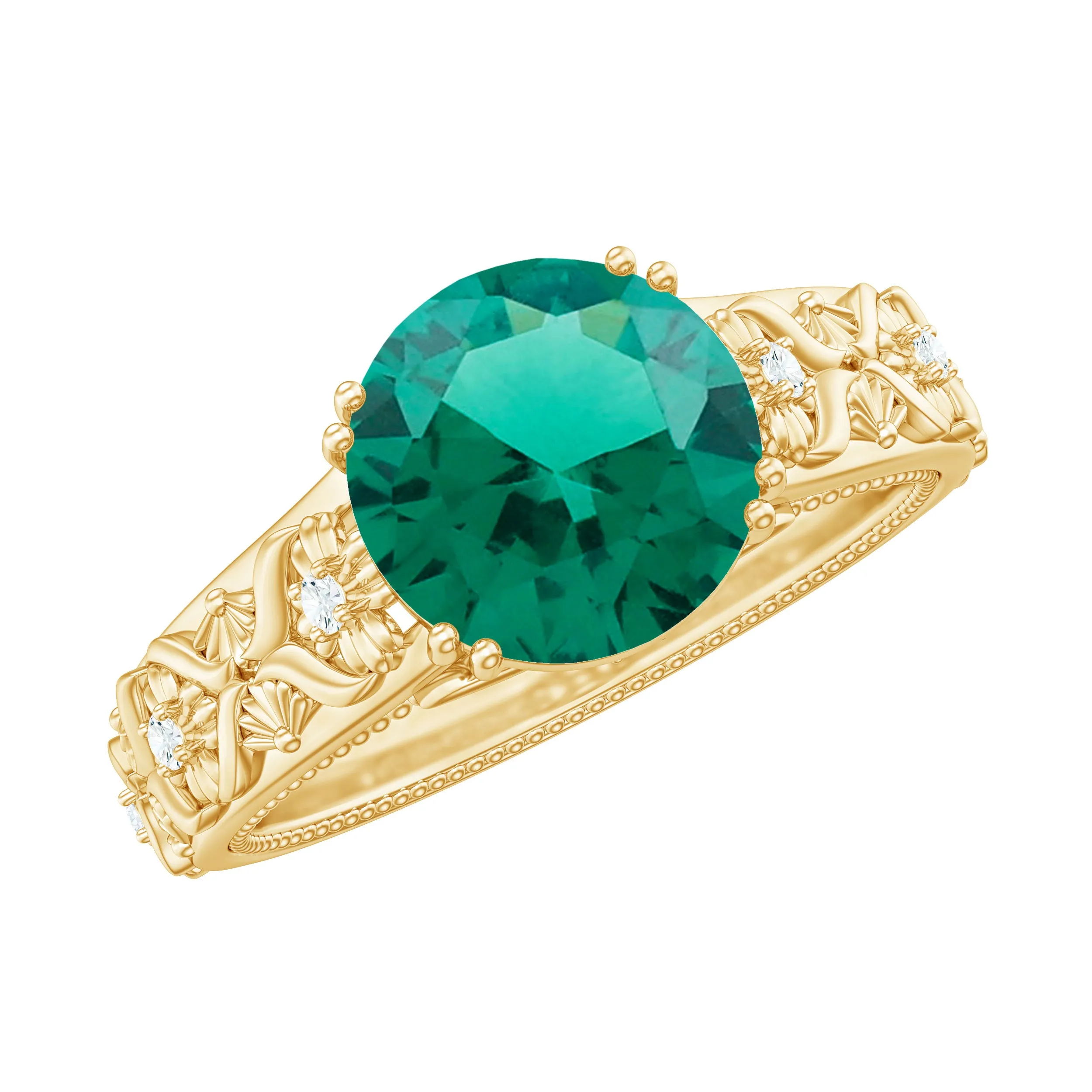 Round Created Emerald Floral Engagement Ring with Diamond