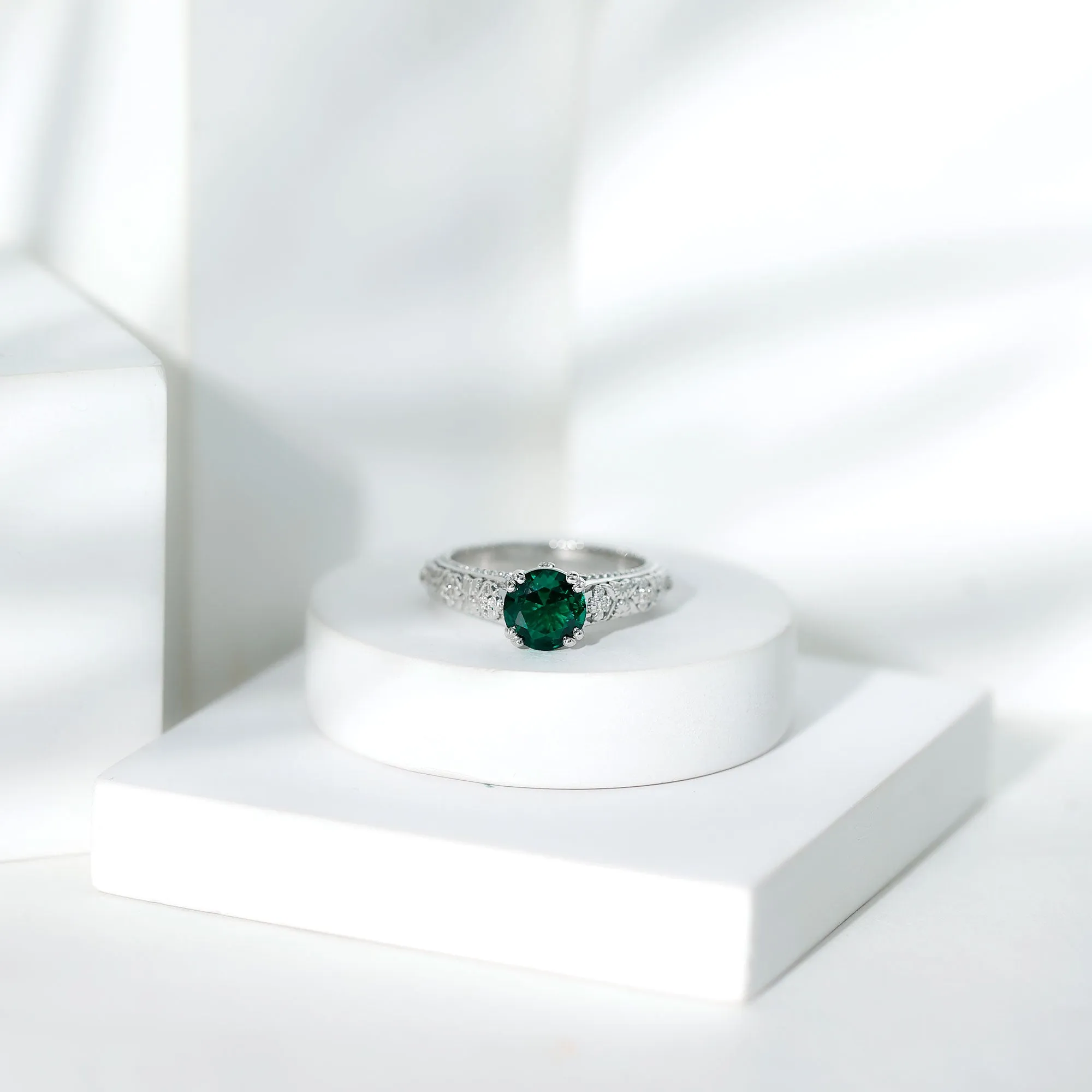 Round Created Emerald Floral Engagement Ring with Diamond