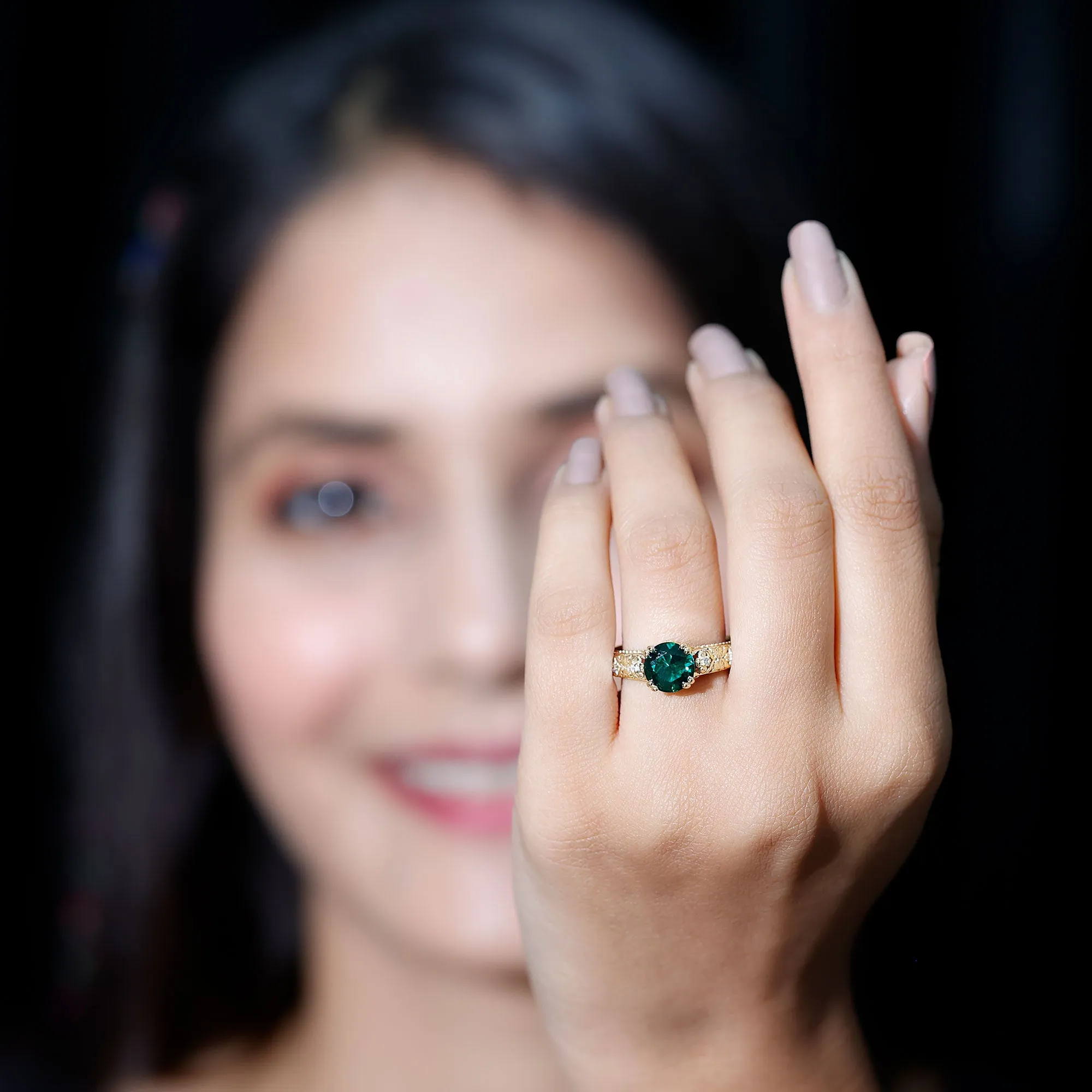 Round Created Emerald Floral Engagement Ring with Diamond