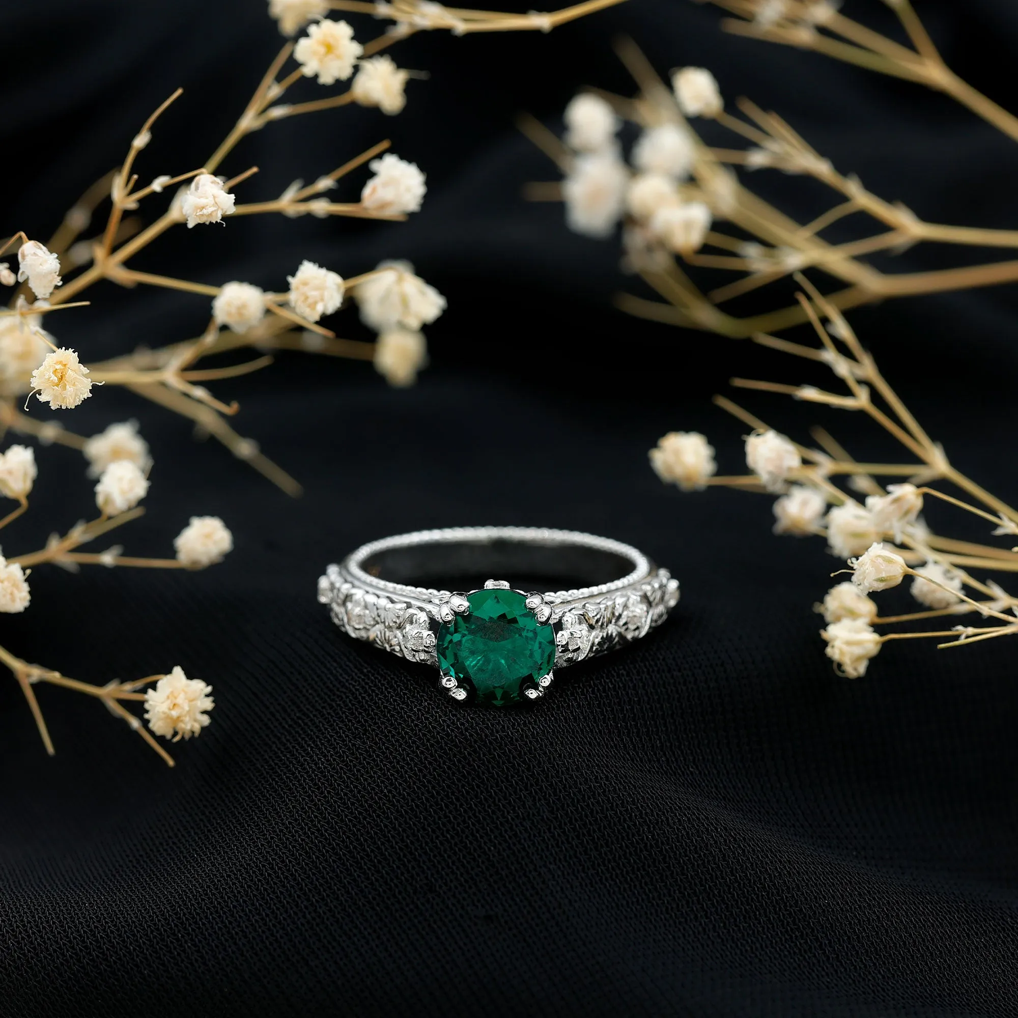 Round Created Emerald Floral Engagement Ring with Diamond